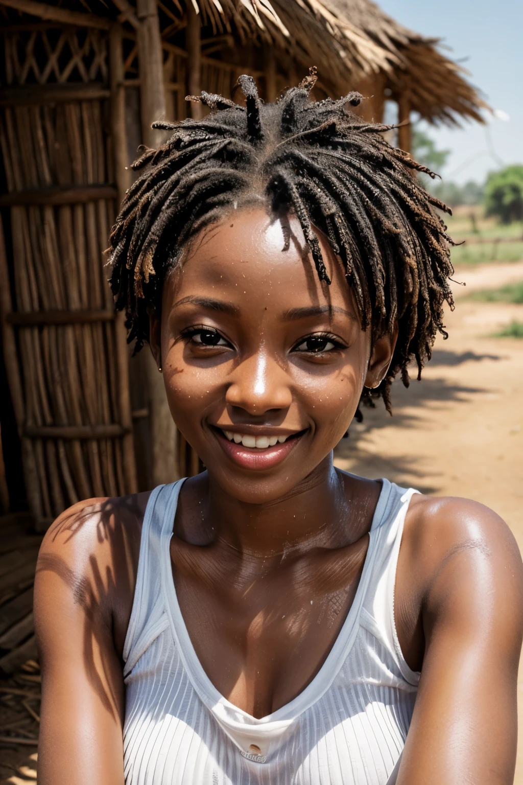 closed clothing, sweeter, shy, african woman, cute, seductive, Beautiful teeth, portrait, face only, sweaty, woman, female, outdoors, sunshine, pov, happy, realistic, BREAK