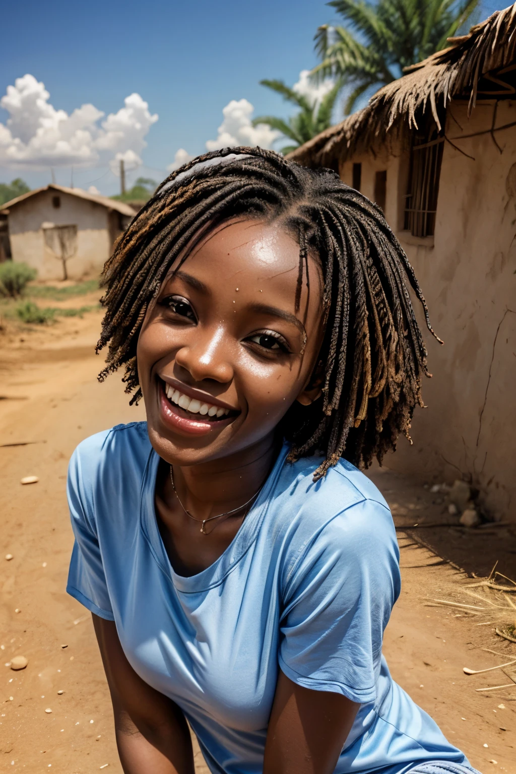 closed clothing, sweeter, shy, african woman, cute, seductive, Beautiful teeth, portrait, face only, sweaty, woman, female, outdoors, sunshine, pov, happy, realistic, BREAK