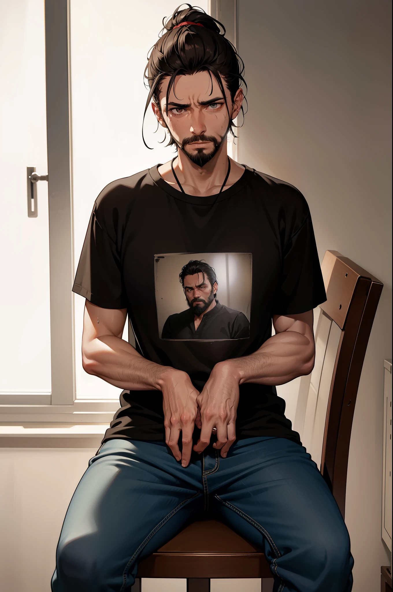 Masterpiece, Sad narrative, I'm bad, solo, man, wearing old t-shirt and loose pants, allergic expression, realistic, ultra-detailed, (sweaty forehead: 1.2), excessive self-deprecation, looking down, short messy hair, brown eyes, gaunt, dynamic light and shadow, high resolution, sharp focus, depth of field, fine lines, deep set pupils, pupils dilated, (scruffy beard: 1.1), sitting on a worn-out chair, in the background, a dimly lit room, sister figure entering frame in , black knee socks and neat ponytail, delivering a stern look, scene exuding