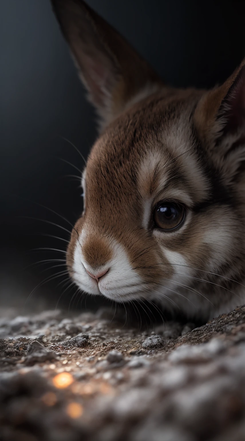 rabbit close-up photo, forest, mist, halation, bloom, dramatic atmosphere, in the center, Rule of thirds, 200mm 1.4f macro photography, (natural skin texture, hyper realism, soft light, sharp:1.2), (Complex details:1.12), HDR, (Complex details, very detailed:1.15), art:グレッグ・ルトコウスキーとartジャーム, soft movie-like light, adobe lightroom, photo lab, HDR, Complex, very detailed, (Depth of bounds written:1.4)