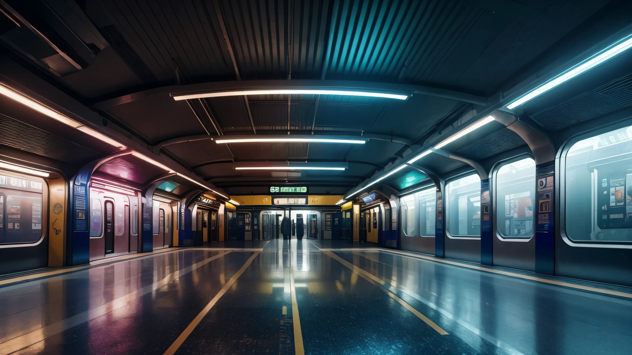 ((empty) subway station),photorealistic,(ultra-detailed),(8k),(masterpiece),digital art,scifi,depth of field,((gorgeous color grading)),3d,(cinematic lighting),iridescent,colorful,majestic,divine proportion