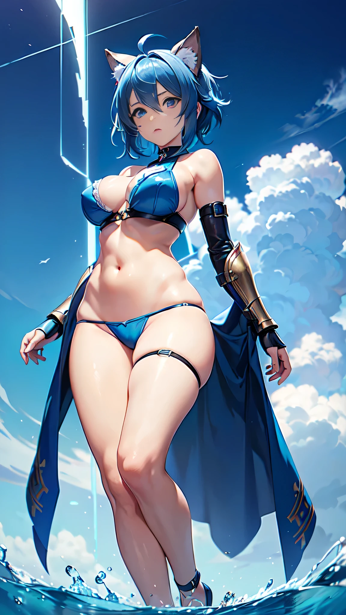 intrincate details: "(a video game character in an anime style has big blue eyes and blue hair, 1girl, blue hair, breasts, beak of pocky animal ears, looking at viewer, blue eyes, short hair, armor)"