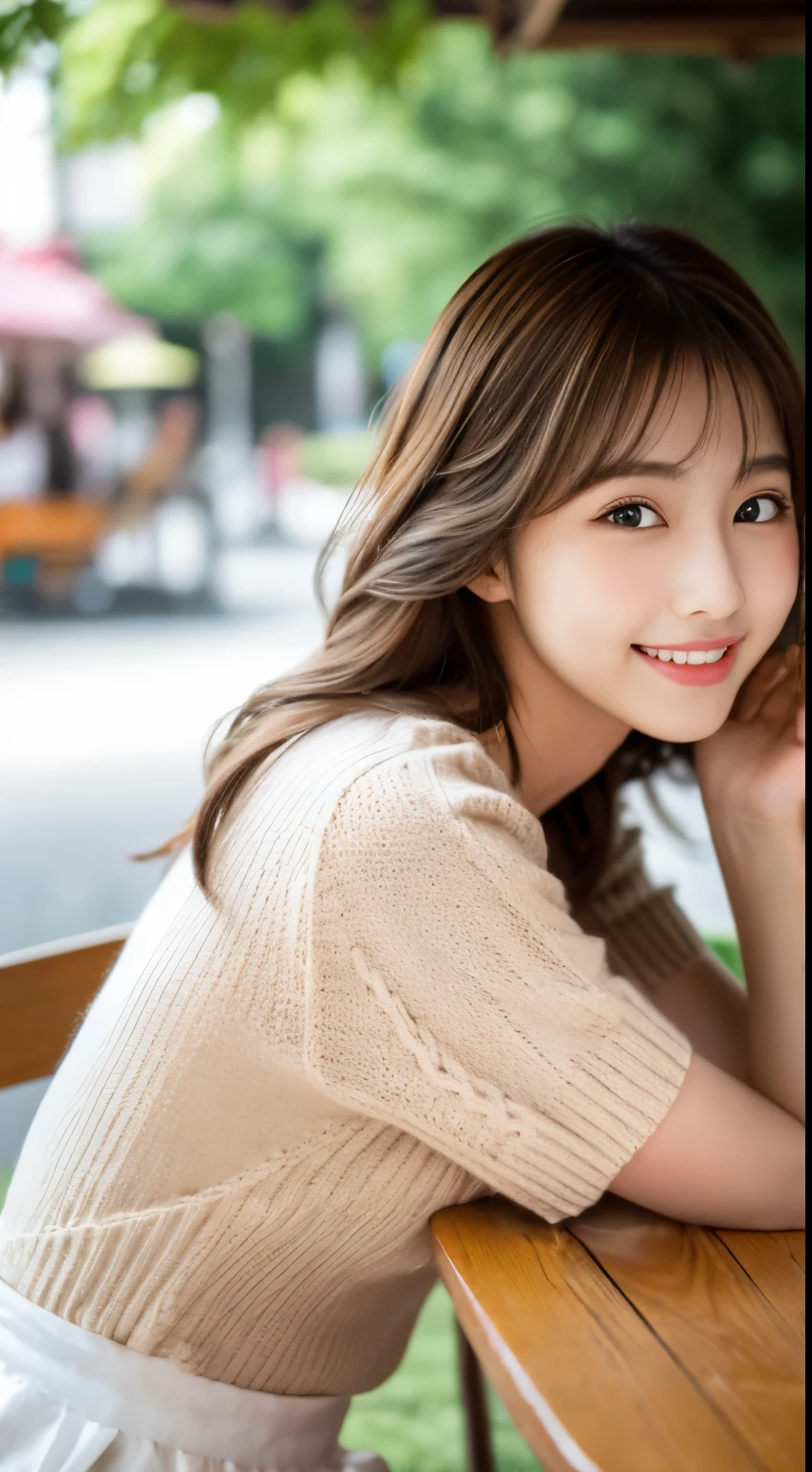 table top, highest quality, figure, super detailed, finely, High resolution, 8k wallpaper, 完璧なダイナミックな構figure, beautiful and fine eyes, ladies fashion summer,medium hair,big breasts natural color lip, bold sexy pose,smile,Harajuku、20 year old girl、cute、sexy shot looking at camera、knit sweater