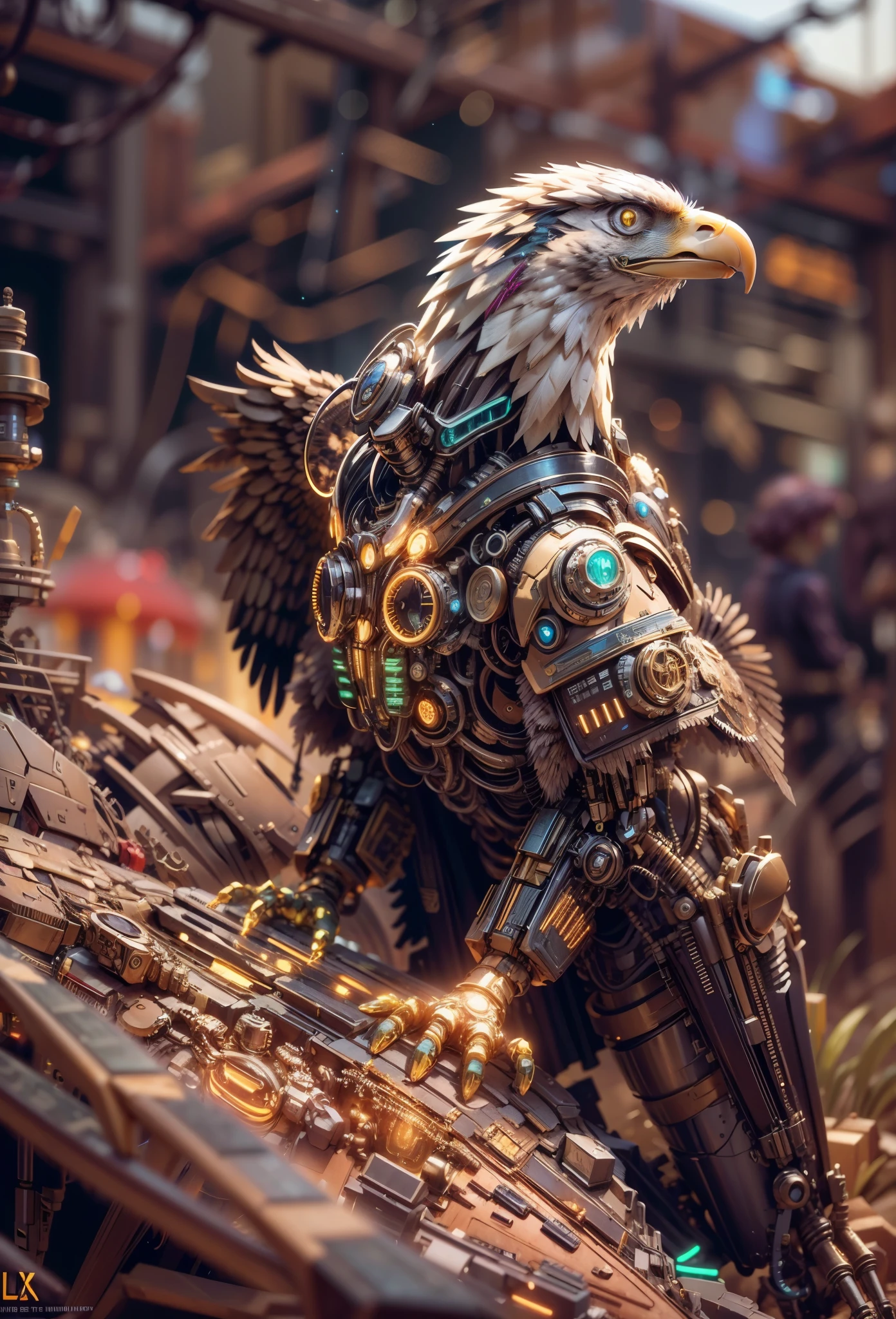 personification，Transparent mechanical bald eagle，Cyberpunk, Dreamy Glow, Luminous neon lamp, ( Global illumination, raytracing, HDR, unreal render,reasonable design, high detailed, masterpiece, best quality, UHD, Cinematic Lighting), mecha musume，meccog cog