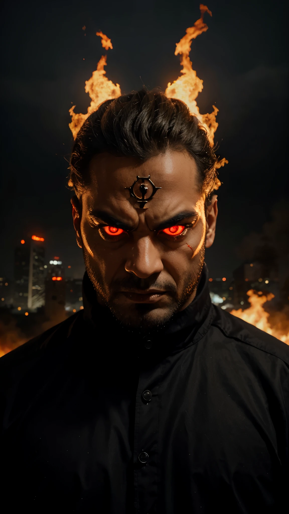 Dajjal,Scary,Big like a giant,Fire filled city background,Ultra detailed,Realistic.