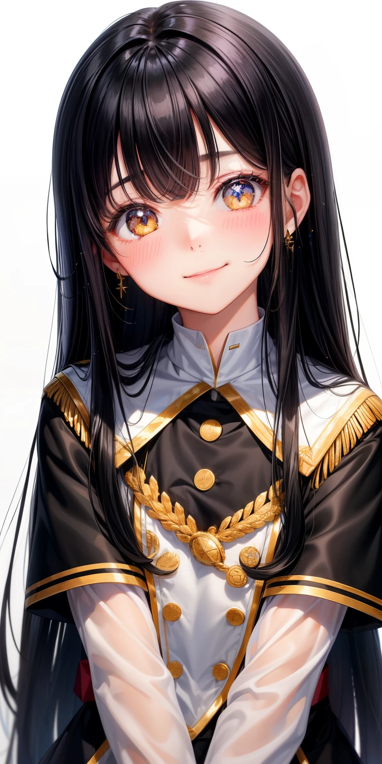 girl、white background、no background、black hair、long hair、straight long hair、Contrasting bangs、Eyes are sparkling、highlight、uniform、チェック柄のuniform、facing this way、No cuts in sight、Not seen、Photograph all the hair、blush、smile、cute、cute、no background