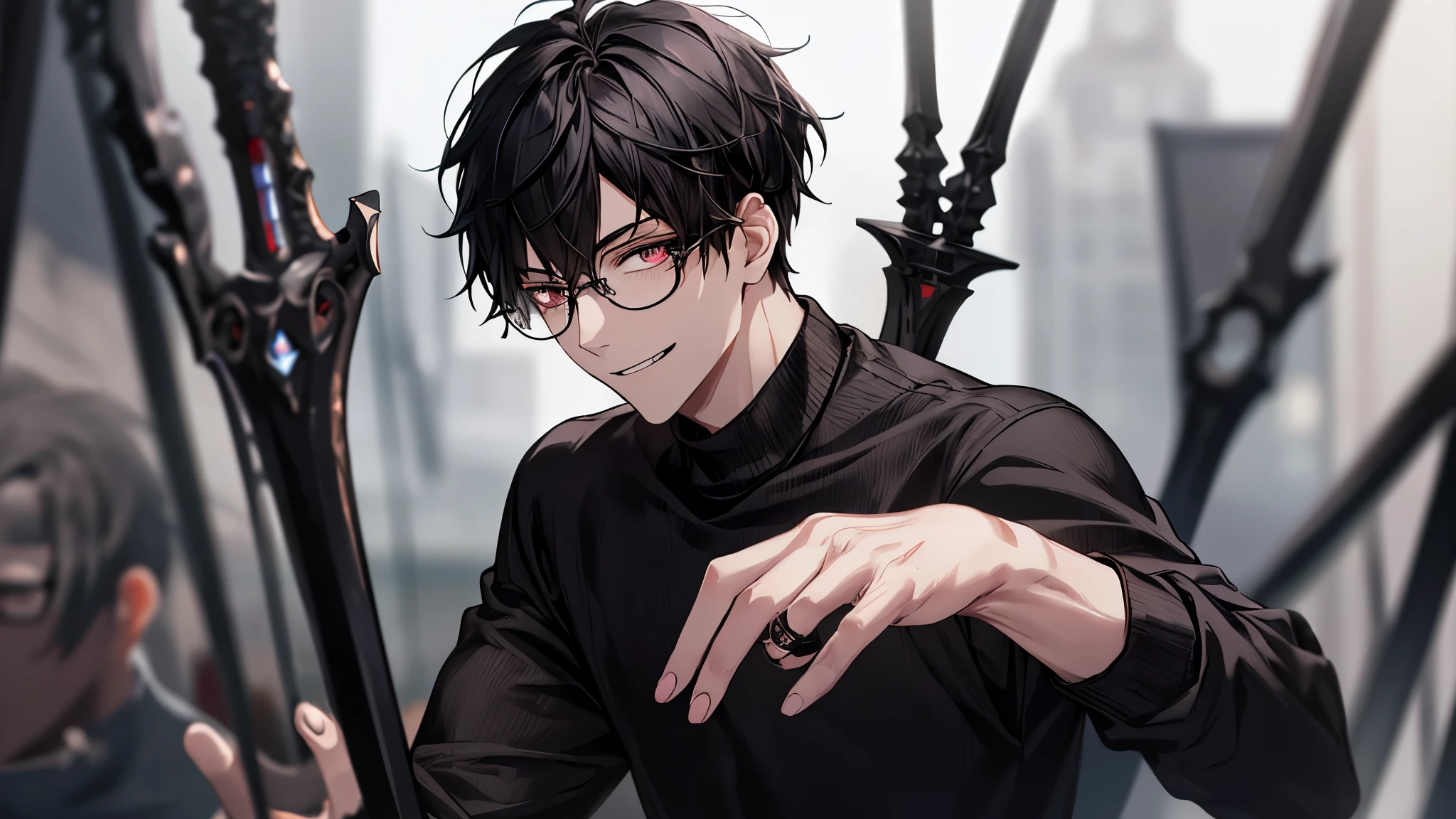 1 guy, black jeans, black sweater, press, Thin, pale, rings on fingers, black nails, Glasses, black hair, a little sporty, Glass eyes, smile, portrait, cinematic lighting, Blur background, Best quality, Brown eyes, at the weapons museum,