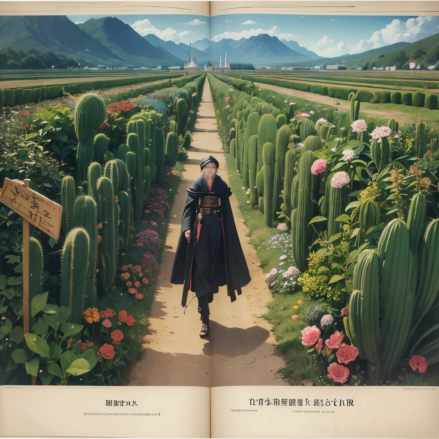 Franciska Clausen, Viktor Vasnetsov, Surreal, mysterious, strange, fantastical, fantasy, Sci-fi, Japanese anime, the man with a cactus, the greenhouse at the end of the earth, detailed masterpiece bird’s eye view colour hand drawings