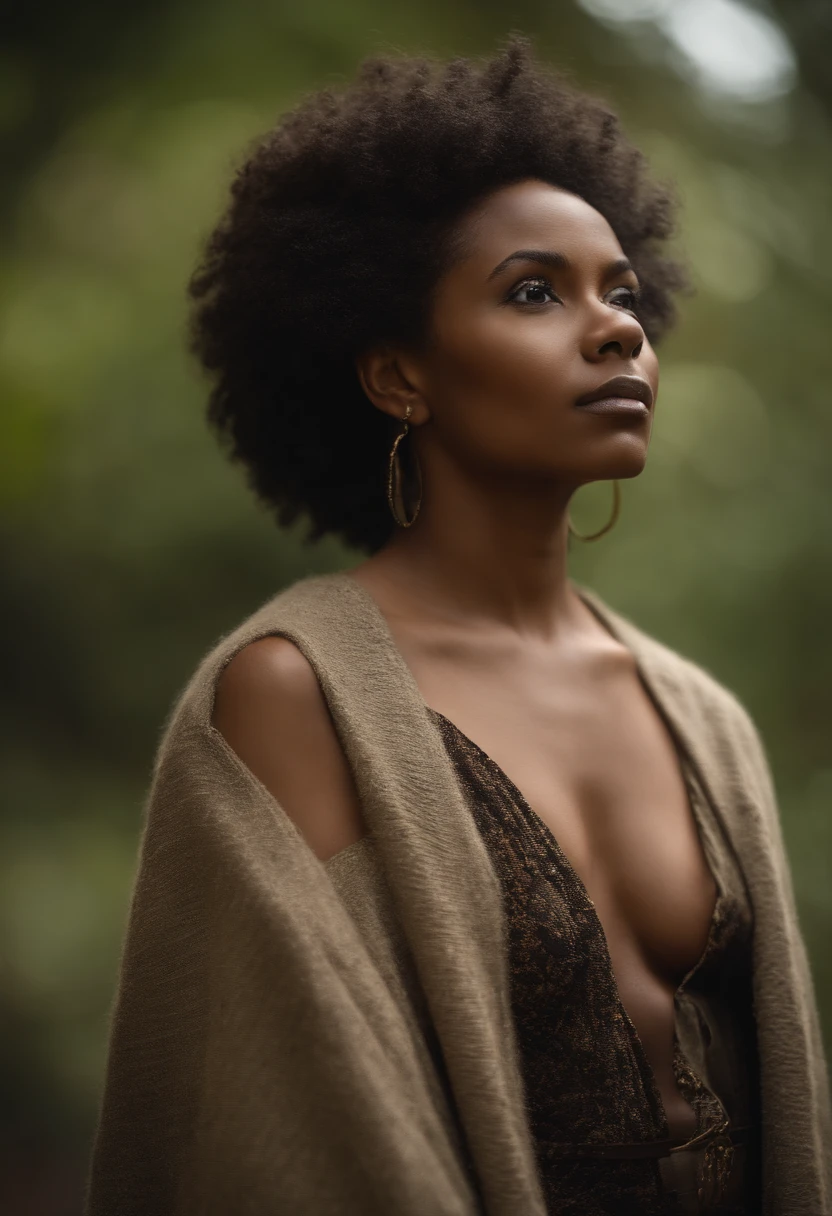 A strong and proud Amazon, warrior woman, with a long cardigan and knitted sweater underneath and a short draped skirt and long curly afro hair, looking with determination towards the horizon