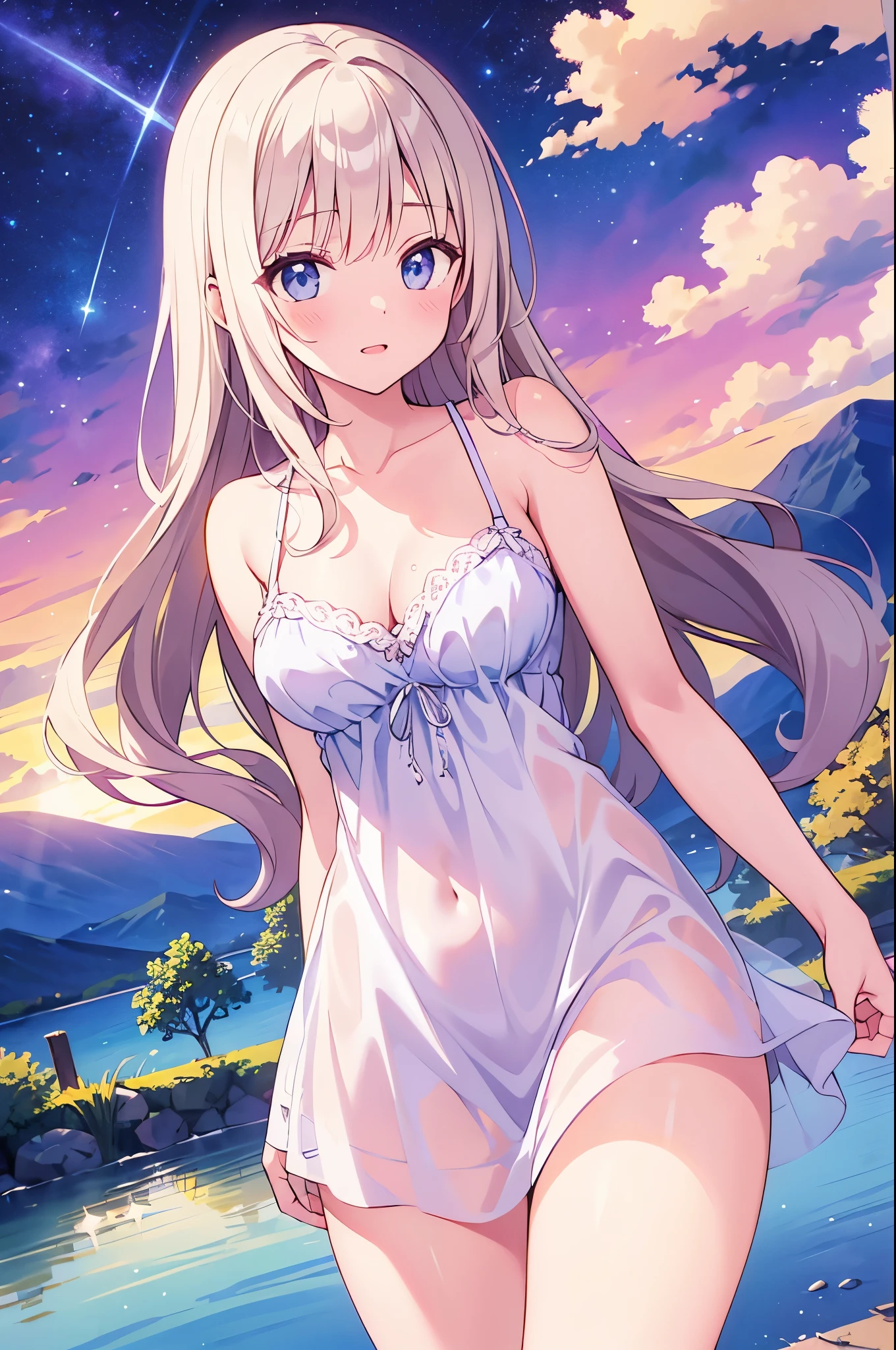 （masterpiece）、(highest quality)、((Super detailed))、(super delicate)、Princess in a naughty nightdress、platinum blonde、beautiful breasts、Thighs、Gorgeous、lake with mountain view、Fantastic starry sky