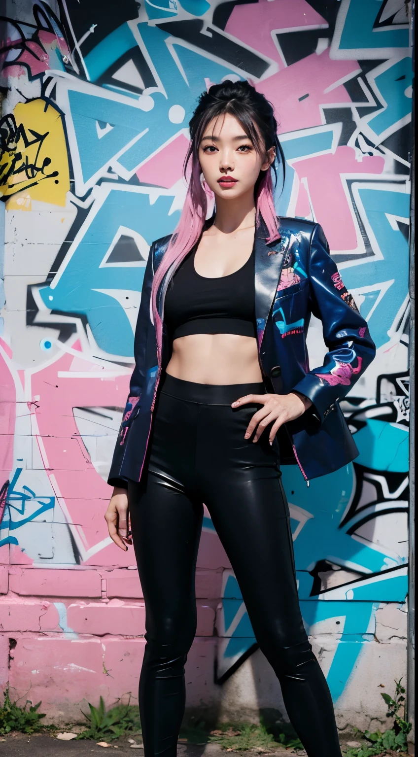 Realistic skin, best quality, Clarity, 4k, 8k, detail, actual, tattoed Girl, Korean makeup, black lips, pink and blue medium mullet hair, Perfect six pack body, stand, pose standing, medium chest, dark blazer top, black legging Pants, Solid graffiti wall background, Graffiti art,