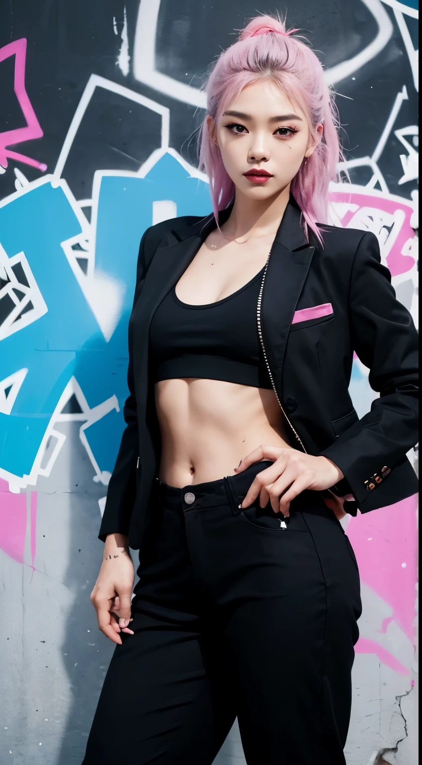 Realistic skin, best quality, Clarity, 4k, 8k, detail, actual, tattoed Girl, Korean makeup, black lips, pink and blue medium mullet hair, Perfect six pack body, stand, pose standing, medium chest, dark blazer top, black legging Pants, Solid graffiti wall background, Graffiti art,