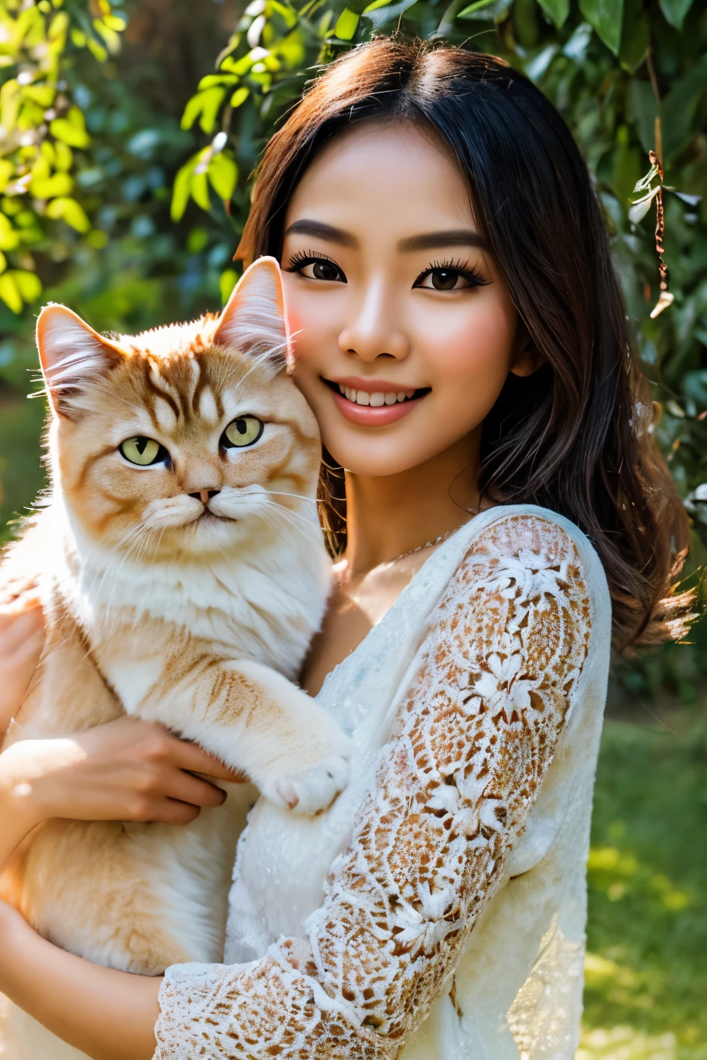 A stunningly realistic (((photo))), featuring a beautiful Indonesian woman who is strikingly realistic, with a warm smile and a cozy embrace with a friendly Persian cat, alongside delicate soap bubbles and intricate geometric patterns that give off a soft glow, against an authentic Old European backdrop, with Korean makeup details that add a pop of color and advanced realism. The scene is captured using advanced Ultra High Definition photography with soft natural lighting outdoors, creating an overall impressive and ultra realistic image with advanced quality, suitable for printing at 64K resolution or higher