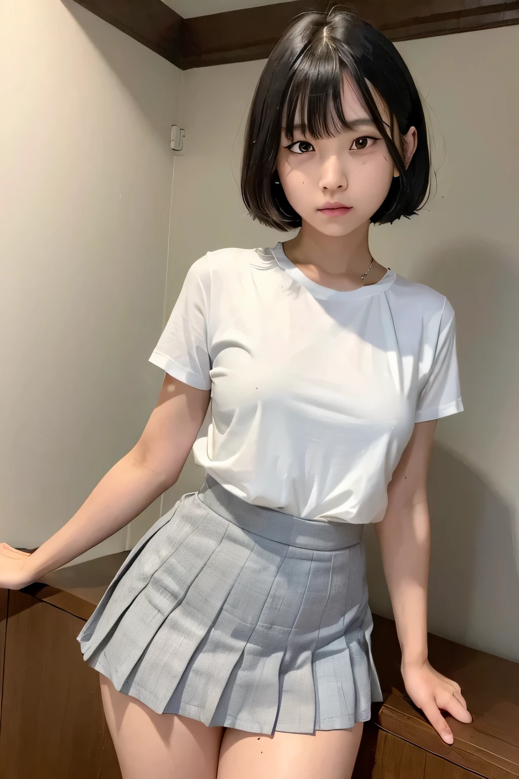 (narrow eyes:1.4), frontal shot , From the middle , (black eye), (japanese woman), 1 girl, (very small eyes:1.4), very beautiful girl, beautiful breasts:1.5, (highly detailed eyes:1.2), (beautiful breasts:1.1), short hair, bangs, (thick legs, huge hips, thick thighs), perfect skin, Fair skin, (white teeth), tight waist, light blush, alone, looking at the viewer, look of despair, (I almost cry:1.4), shed tears, (white shirt), (gray pleated skirt)