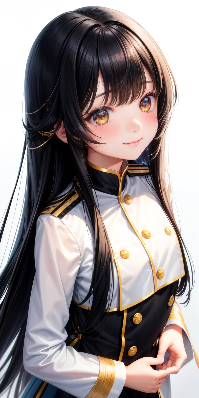 girl、white background、no background、black hair、long hair、straight long hair、Contrasting bangs、Eyes are sparkling、highlight、uniform、チェック柄のuniform、Look this way、cuts are not visible、Not seen、Photograph all hair、blush、smile、cute、cute、no background