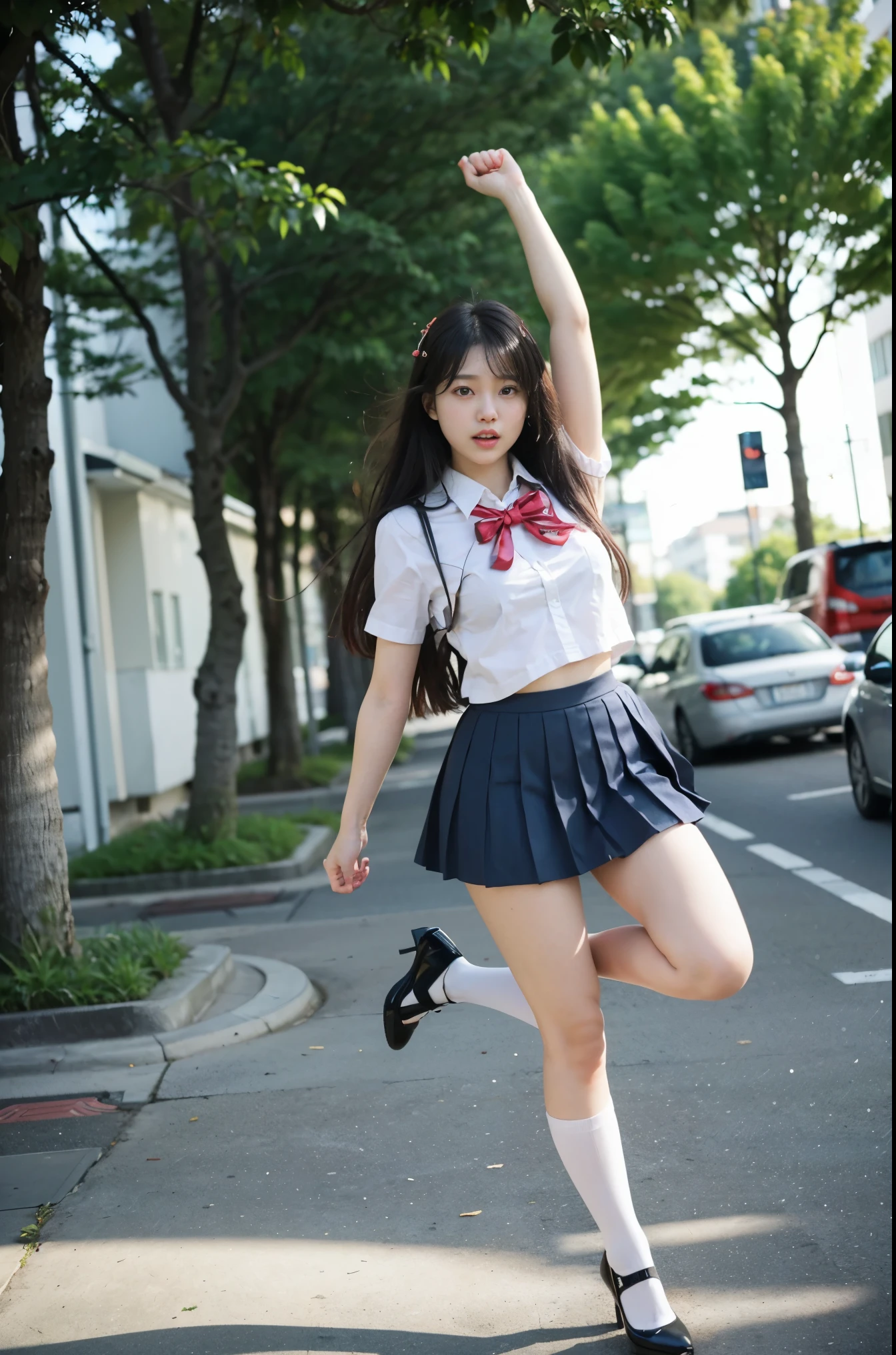 put your hands into fists, right leg ((kicks in the air)), eyes focus on the right leg, while shouting haaa, pretty bravelly, , thin legs, tight skirts, left leg heels on the ground on, sidewalk, RAW photos, 8K, highest quality, ultra-high resolution, beautiful faces detailed, real human skin, gentle expressions, Front view, angle from below, long hair, realistic, photorealistic, cute, short skirt, in the city, cute school girl, Japanese uniform, wearing Japanese , surreal high school girl, whole body, (((wearing glass heels)))