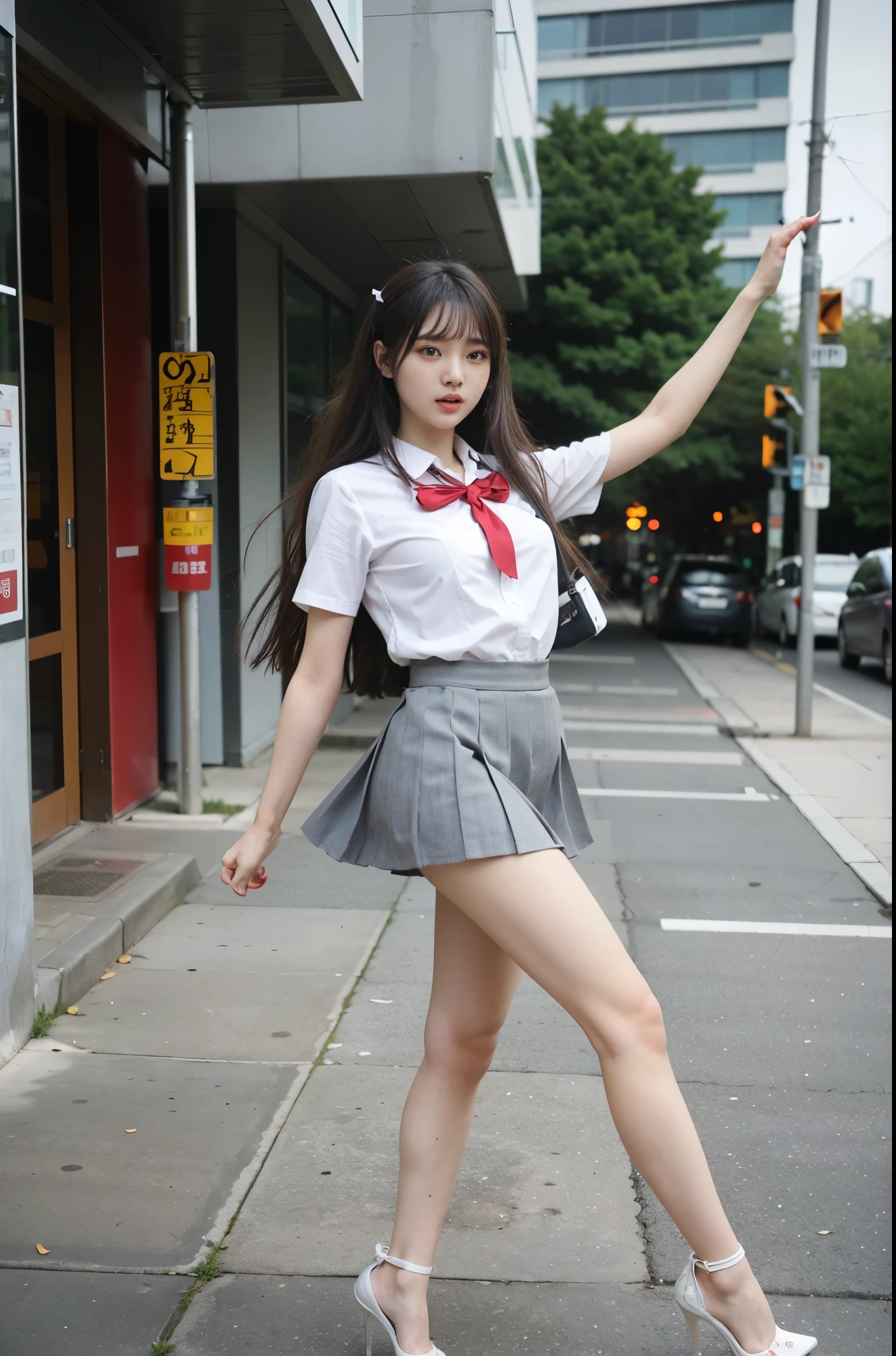 put your hands into fists, right leg ((kicks in the air)), eyes focus on the right leg, while shouting haaa, pretty bravelly, , thin legs, tight skirts, left leg heels on the ground on, sidewalk, RAW photos, 8K, highest quality, ultra-high resolution, beautiful faces detailed, real human skin, gentle expressions, Front view, angle from below, long hair, realistic, photorealistic, cute, short skirt, in the city, cute school girl, Japanese uniform, wearing Japanese , surreal high school girl, whole body, (((wearing glass heels)))