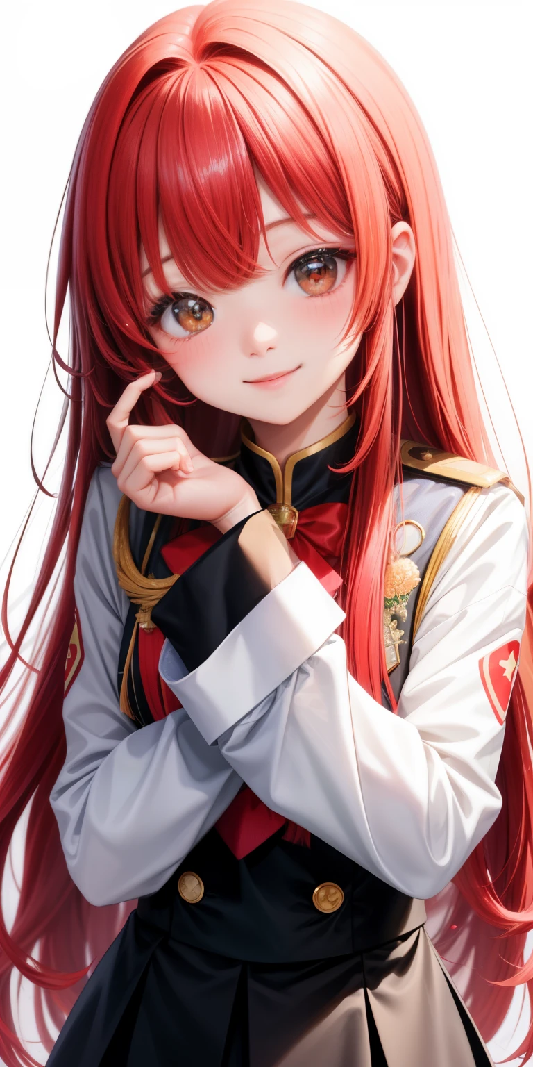 girl、white background、no background、Red hair、long hair、straight long hair、Contrasting bangs、Eyes are sparkling、highlight、uniform、チェック柄のuniform、Look this way、cuts are not visible、Not seen、Photograph all hair、blush、smile、cute、cute、no background