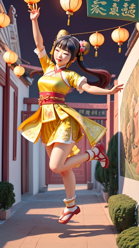 An ancient Chinese painting scroll,In the picture,The girl Chang'e in gorgeous Hanfu,Charming,Curved eyebrows,slender eyes,Flying to the sky in Dunhuang style,Lightweight,The clothes are fluttering,like a dance in the air。She moves vigorously and gracefully,Complementing the ancient murals,During parkour,She makes some difficult moves from time to time,like rolling、jump、Taxi etc.,Elegant and agile posture,Combined with traditional Chinese cultural elements,Demonstrates the wisdom and strength of the Chinese nation,The whole picture is rich in color,with magnificence、Antique as the main tone。The bright colors of the murals in the Blue Rock Grottoes,Express youth and vitality;The girl Chang'e's Hanfu is made of traditional Chinese red.、Bright yellow and other bright colors,Strong contrast with the background,Make the picture more vivid。The spectacular Dunhuang Grottoes in the background,Colors are warm,Showing the thickness and traces of time。In the picture心,A winding grotto corridor leads into the distance,The murals on both sides are lifelike,It's like telling an old story。There are also elements of traditional Chinese culture in the picture,Chinese dragon,Dragon culture,kite、paper lanterns、Chinese knot,national current,anime illustration,Featuring a playful character design style,Ultra high definition animation CG,3D rendering,Beautiful two-dimensional,Spring Festival poster,ultra HD16k