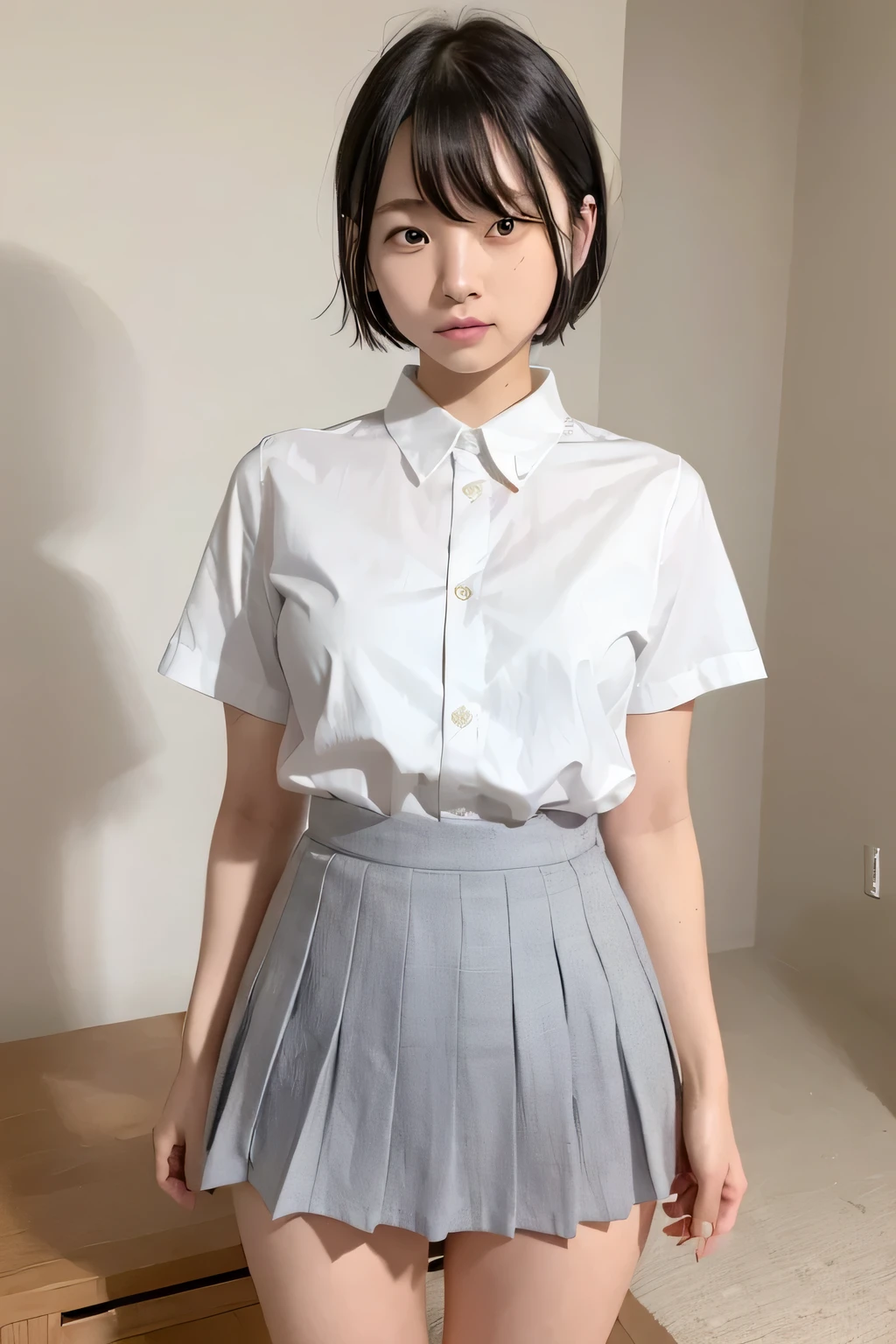 (narrow eyes:1.4), frontal shot , From the middle , (black eye), (japanese woman), 1 girl, (very small eyes:1.4), very beautiful 17 year old girl, beautiful breasts:1.5, (highly detailed eyes:1.2), (beautiful breasts:1.1), short hair, bangs, (thick legs, huge hips, thick thighs), perfect skin, Fair skin, (white teeth), tight waist, light blush, alone, looking at the viewer, (I almost cry:1.4), shed tears, (white shirt), (gray pleated skirt)