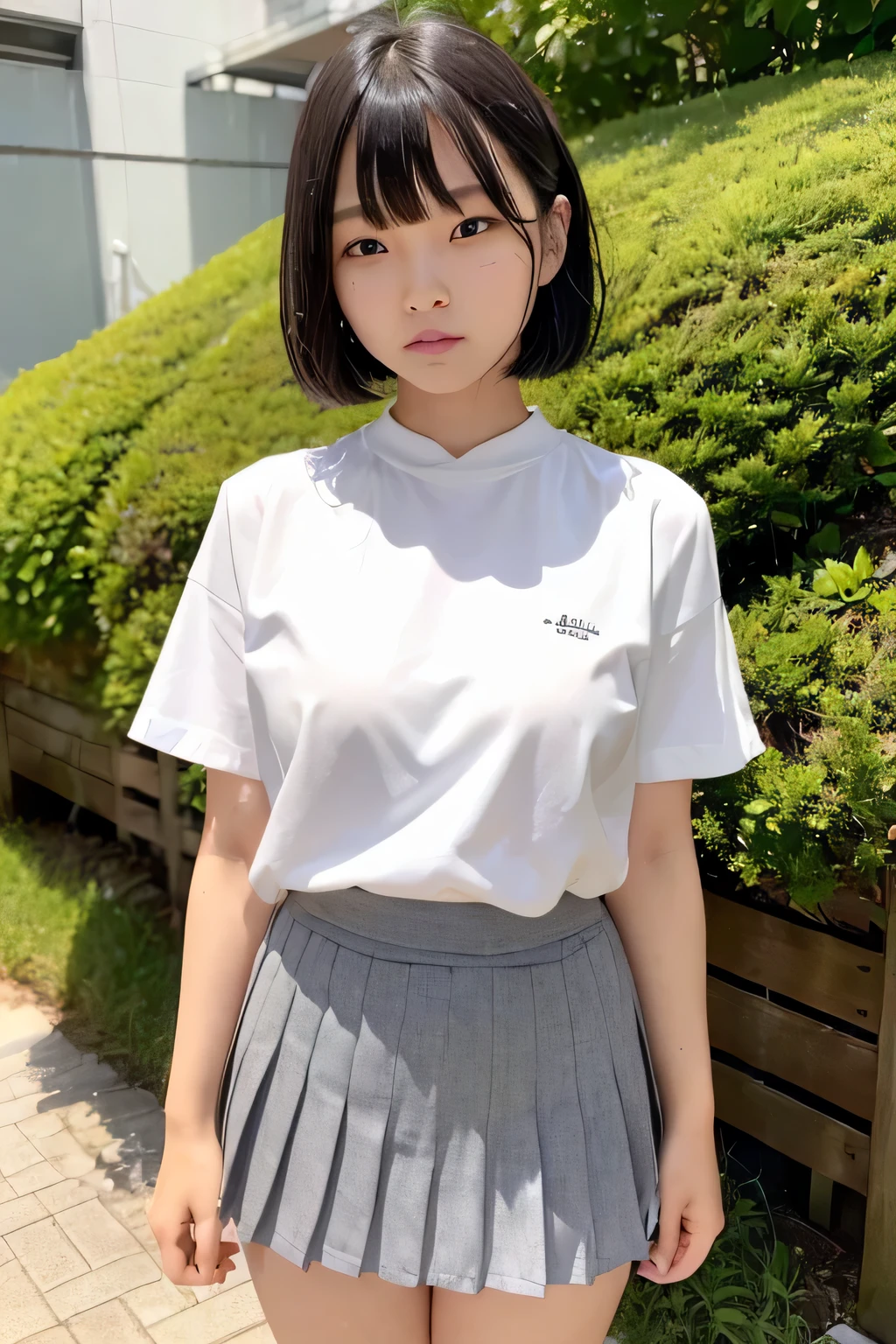 (narrow eyes:1.4), frontal shot , From the middle , (black eye), (japanese woman), 1 girl, (very small eyes:1.4), very beautiful 17 year old girl, beautiful breasts:1.5, (highly detailed eyes:1.2), (beautiful breasts:1.1), short hair, bangs, (thick legs, huge hips, thick thighs), perfect skin, Fair skin, (white teeth), tight waist, light blush, alone, looking at the viewer, (I almost cry:1.4), shed tears, (white shirt), (gray pleated skirt)