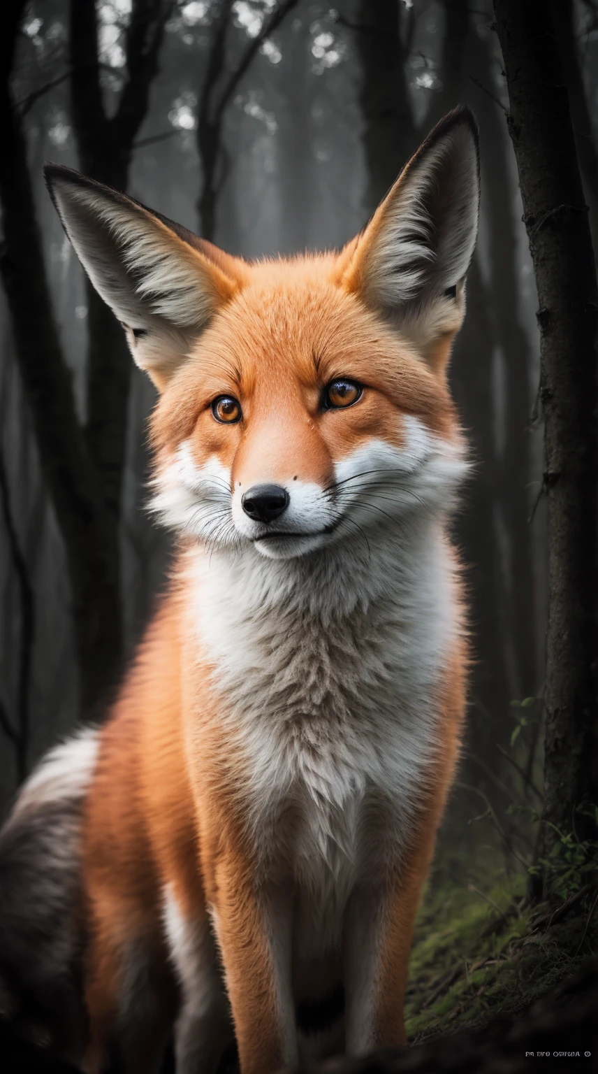 Close-up photo of a fox, forest, mist, halation, bloom, dramatic atmosphere, in the center, Rule of thirds, 200mm 1.4f macro photography, (natural skin texture, hyper realism, soft light, sharp:1.2), (Complex details:1.12), HDR, (Complex details, very detailed:1.15), art:グレッグ・ルトコウスキーとartジャーム, soft movie-like light, adobe lightroom, photo lab, HDR, Complex, very detailed, (Depth of bounds written:1.4)