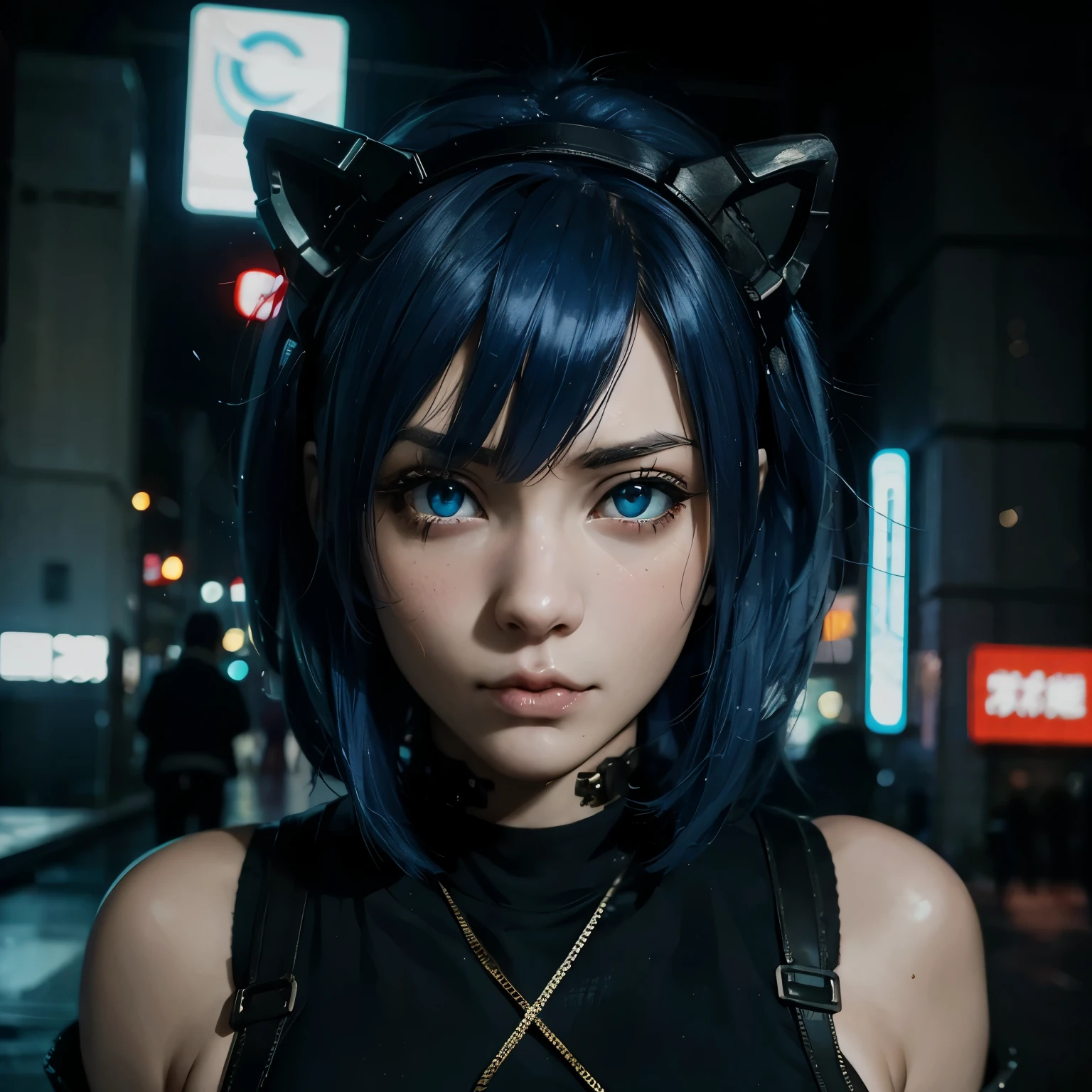 Cyberpunk, anime girl, big eyes, blue hair, dragon mask
