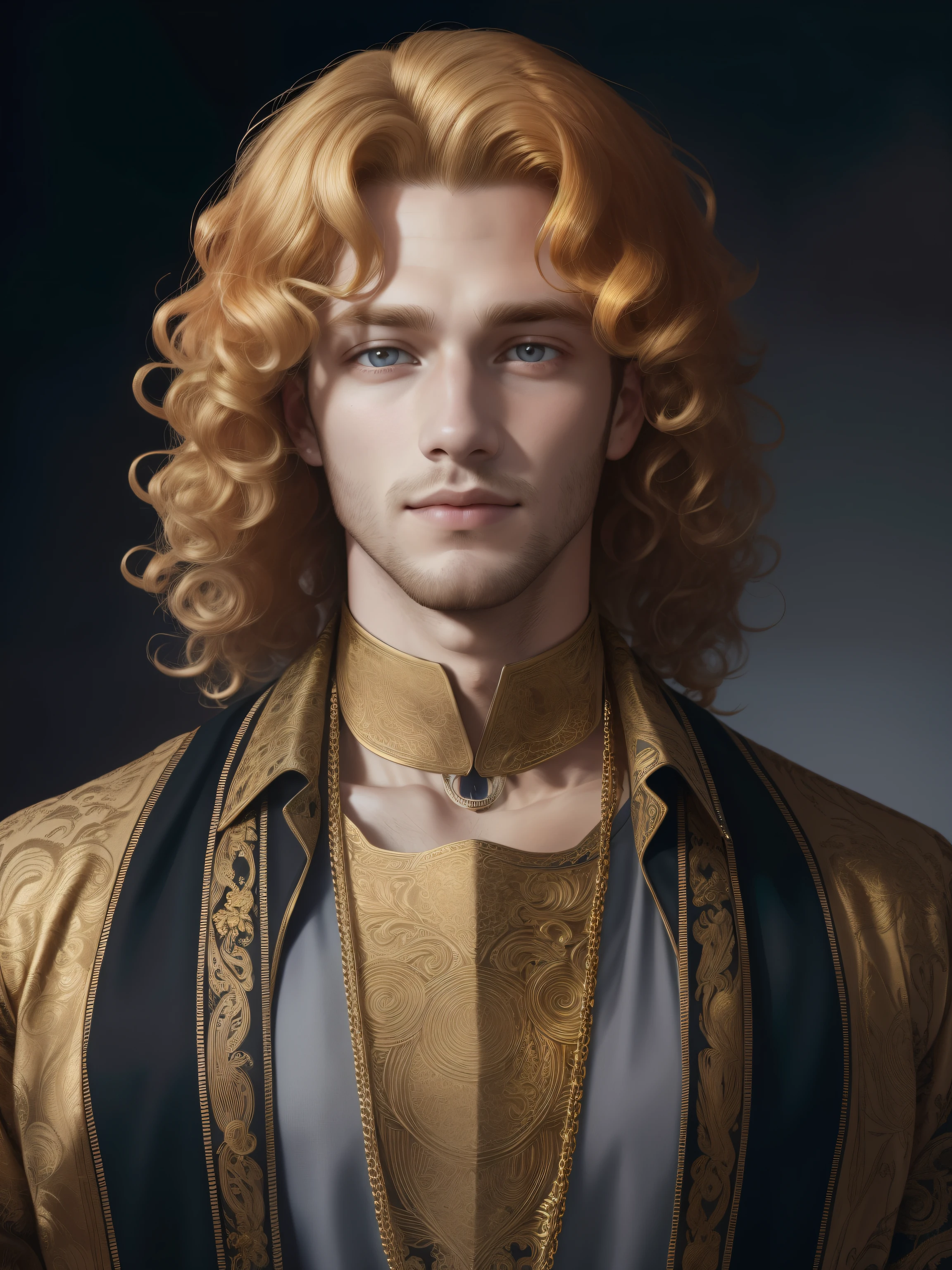 young man with large golden curls, golden large curls, honey blonde, Grey eyes, portrait, looks directly at the viewer, wearing a dark shirt with detailed, intricate embroidery, Around the neck is a gold chain, Beautiful face, portrait, Highest quality, masterpiece, short hair