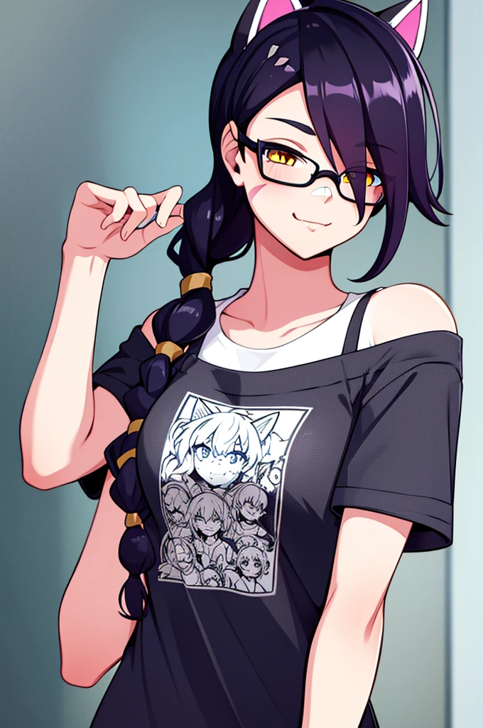 Erisa, 1girl, solo, long hair, looking at viewer, black hair, bandaid on face, yellow eyes, animal ears, smile, bandaid on nose, braid, cat ears, bandaid, bangs, breasts, fake animal ears, simple background, fang, , bare shoulders, scar, teeth, shirt, tight shirt, bare shoulders, white shirt, short sleeves, closed mouth, t-shirt, hair over one eye, portrait, hair over shoulder, shorts, skin tight shirt, glasses, seductive, realistic, best quality, masterpiece, ultra detail, ultra high res, extreme detail, 8k