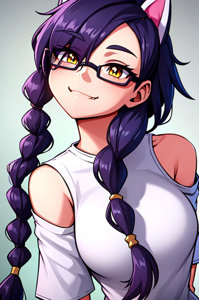 masterpiece, best quality, looking at viewer, upper body, portrait, looking at viewer, seductive smile, put your hands behind your head, armpits, armpits visible, sweaty armpits, medusa, very large breasts, long purple hair, wearing black tanktop , no bra, wearing glasses