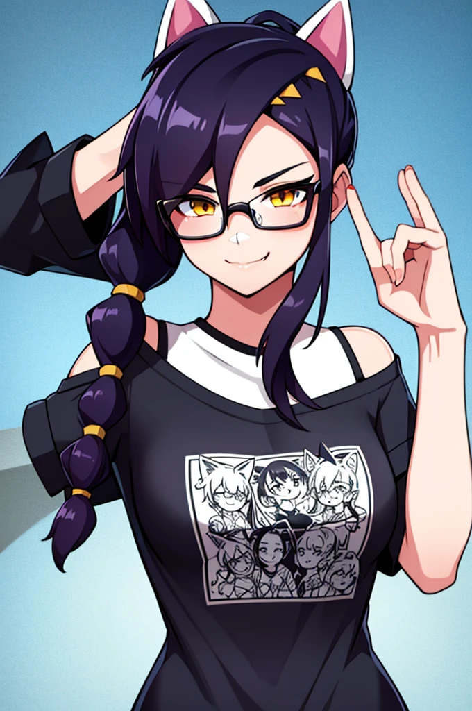 Chica linda, con lentes negros, Brown eyes, Long brown hair, orejas de oso en la cabeza, vestida con una falda negra y un crop top negro, sonriendo levemente 