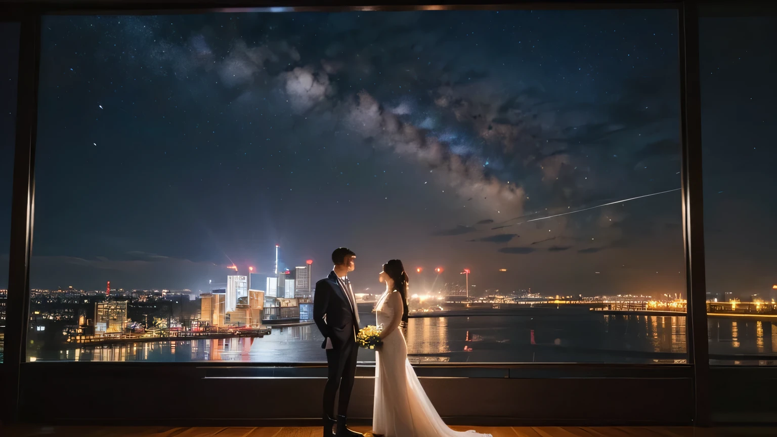 8k, best quality, masterpiece, actual, Super detailed, photo actual, Quality improvement, 
One man and one woman，standing in front of the window，background（Floor-to-ceiling windows：1.2），（city night view：1.4），Light，starry sky，