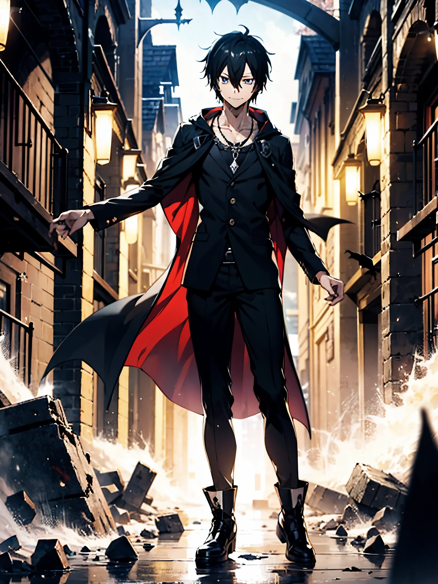 1male, Zeref (masterpiece), full body, dynamic pose, best quality, adult, expressive eyes, magician, necromancer, darkness, destruction all around, evil smile, dragon nearby, black cloak, full body, full black dressed