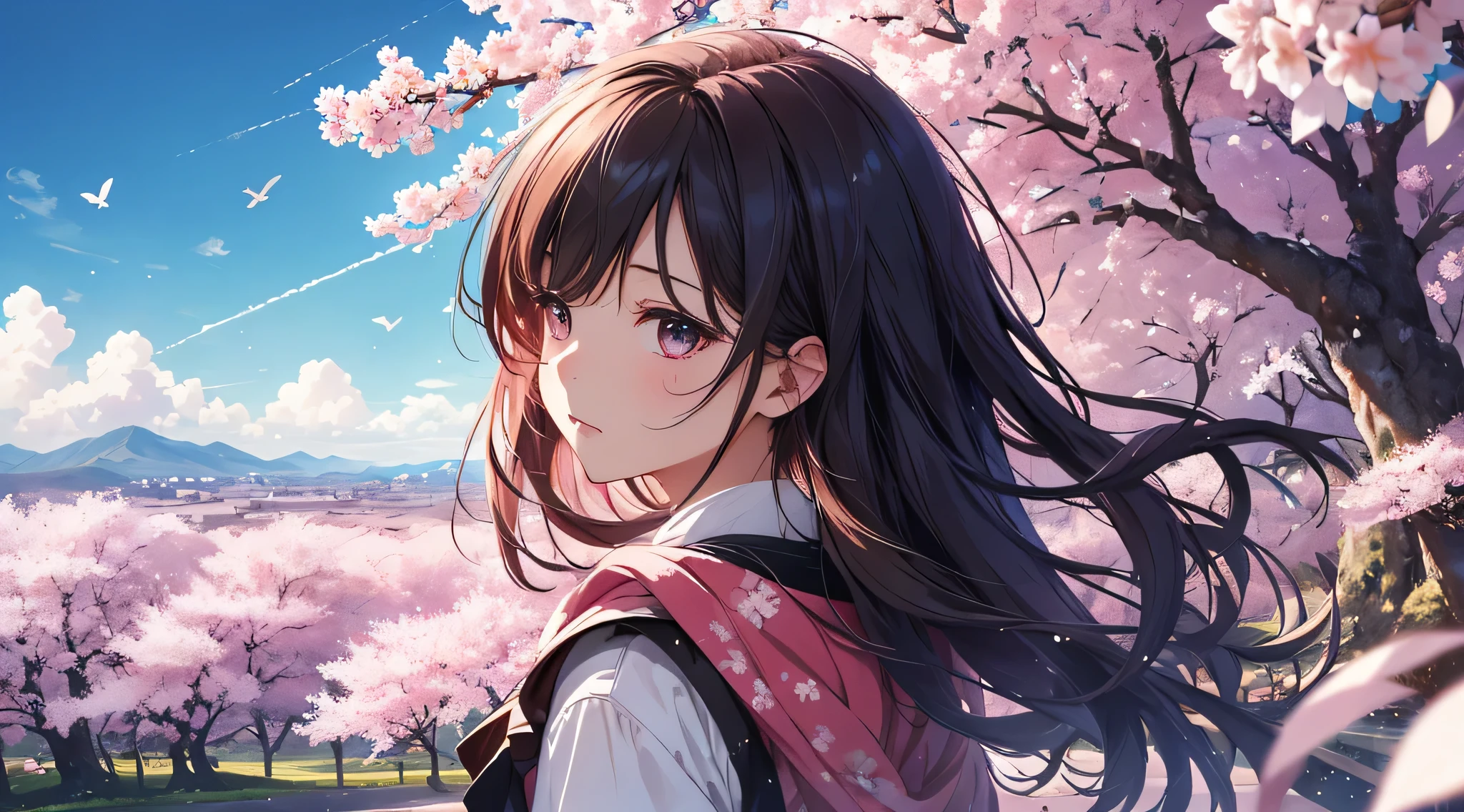 absurdity, high resolution, (official art, beautiful and aesthetic: 1.2), close view,
sparkling sky, vast world, girl, gazing, awe-inspiring expression, distant horizon, clouds, cherry blossoms fluttering, high hills, natural beauty, inspiration, light effect, from afar, from behind,