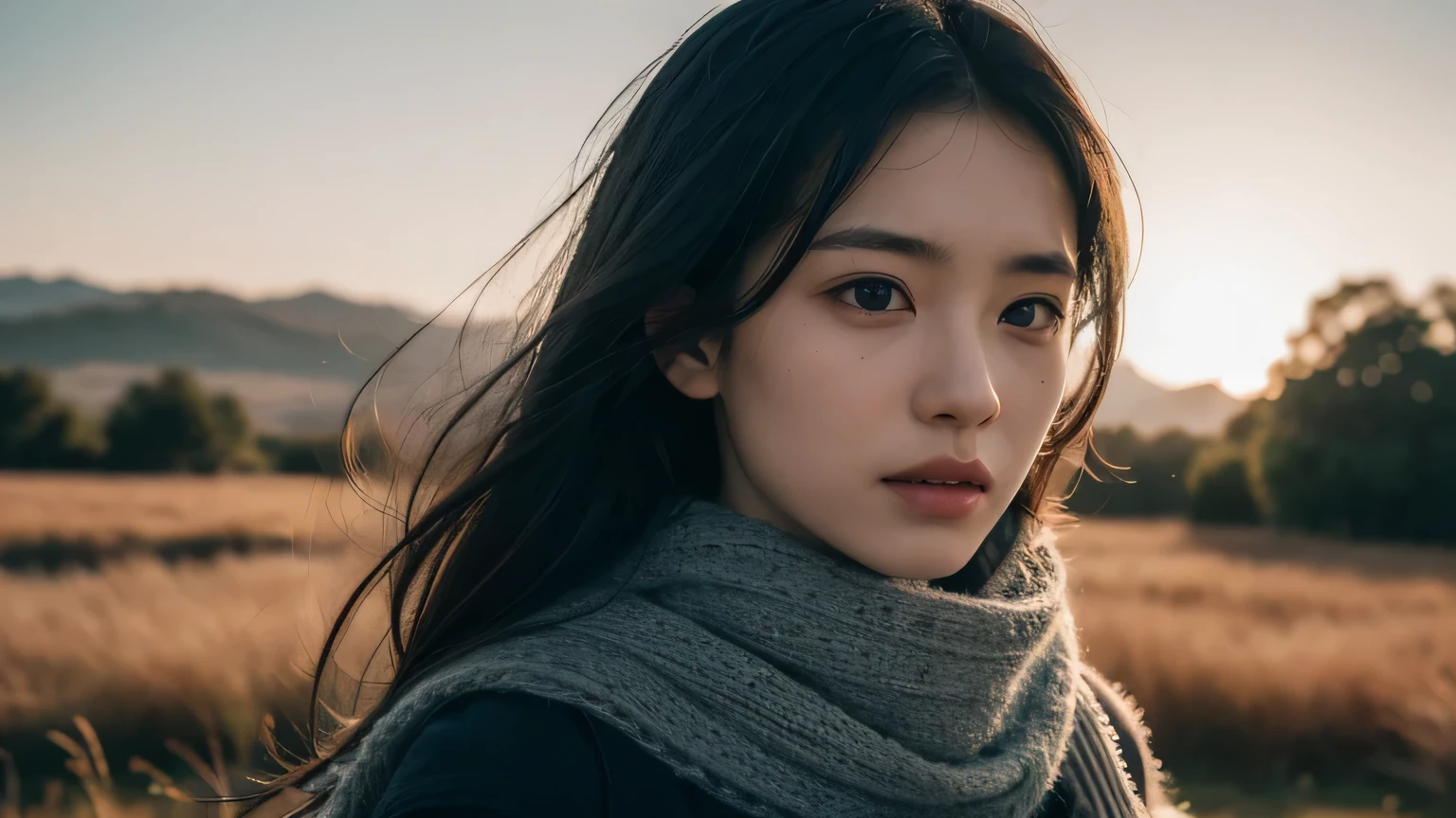 8k, best quality, masterpiece, actual, Super detailed, photo actual, Quality improvement, 
Photo of a girl wearing a scarf standing in a field, Dark brooding designer style, many qualities, Photo display, calm face, jagged edges, navy, natural beauty, close up
