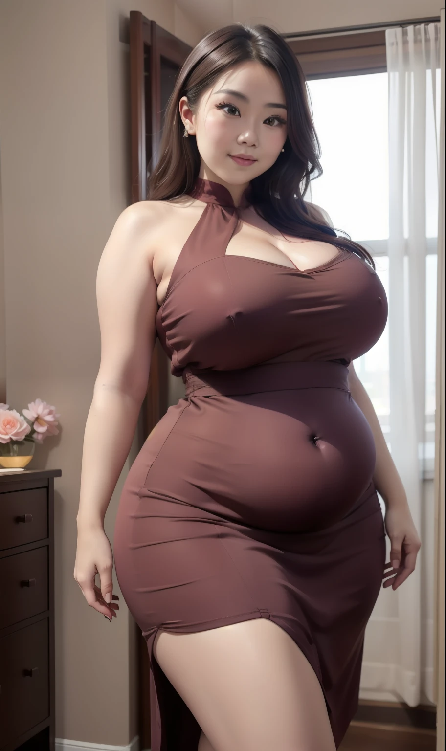 a woman in a dress posing for a picture, bbwchan, she has a jiggly fat round belly, thicc, sexy :8, sexy girl, trending on bbwchan, skinny waist and thick hips, busty, her belly is fat and round, asian girl, sexy dress, meaty, thick body, lovely woman