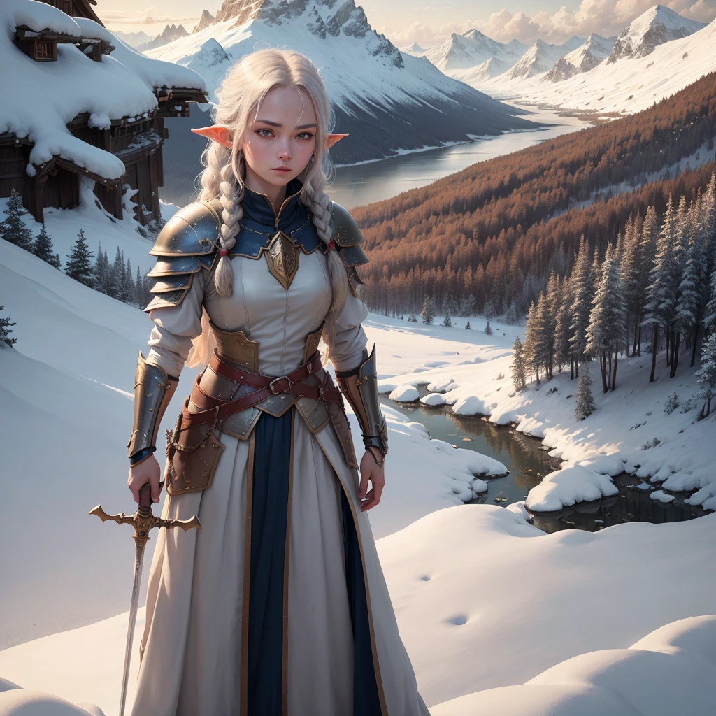 ((main subject)) An elf ((female)) with long silver hair tied in a braid, ((the photo is taken behind him)), wears golden armor and wields a sword with a flaming blade ((the sword emits sparks)). The elf stands on the top of a snowy mountain. His gaze rests on the valley below; the valley at the foot of the mountain is far away in a light mist; A lake and the distant lights of a village can be glimpsed. The sky is starry, you can see many galaxies. The light of the stars reflects off the snow.