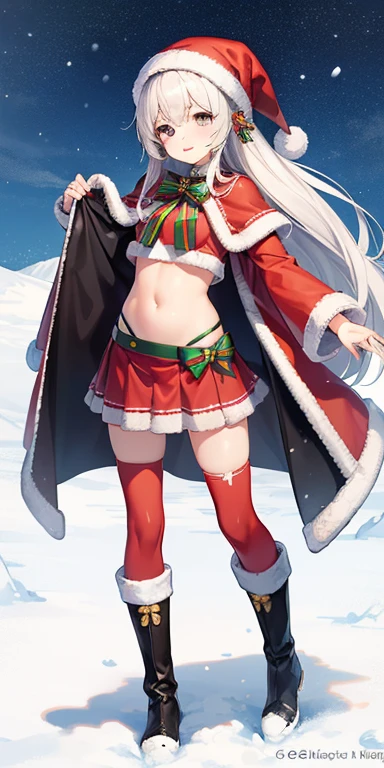 quadratic element、1 person, santa costume、skirt by the、sixteen years old、girl with、Navel Ejection、snowy、full body Esbian、to stand、long boots、Viewer-facing、kawaii faces, (Colossal tits:0.5)、shinny skin