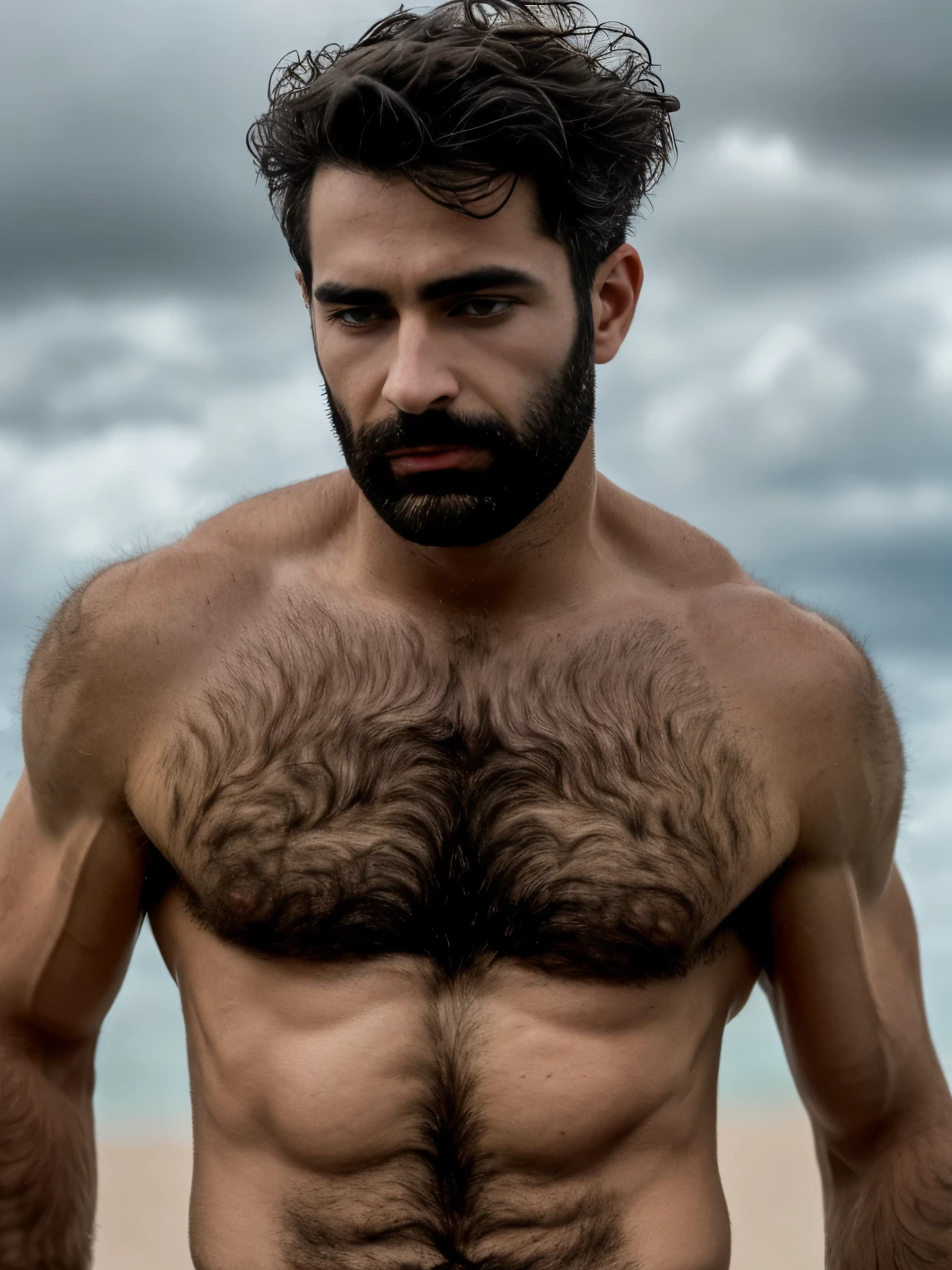 masterpiece, best quality, high resolution, closeup portrait, male focus, solo focus, A man, 35 years old, grey hair, in speedo, thick dark beard, grey silver hair, messy hairstyle, cute and seductive face, bare chest, body hair, facial hair, pale skin, sun freckles, roman nose, very skinny body, hairy legs, cute, dimples, very hairy legs, scruffy beard, very hairy armpits, bold jawline , sweaty, in the background a beach on a cloudy day, view from below, amazing composition, front view, HDR, ultra quality, elegant, highly detailed