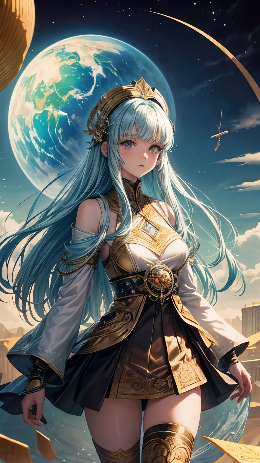 Aleksander Benois, Moto Hagio, Surreal, mysterious, strange, fantastical, fantasy, sci-fi, Japanese anime, tour of the floating giant globe 100m in diameter, Tokyo, the day potato chips fall, miniskirt beautiful girl, perfect voluminous body, detailed masterpiece 