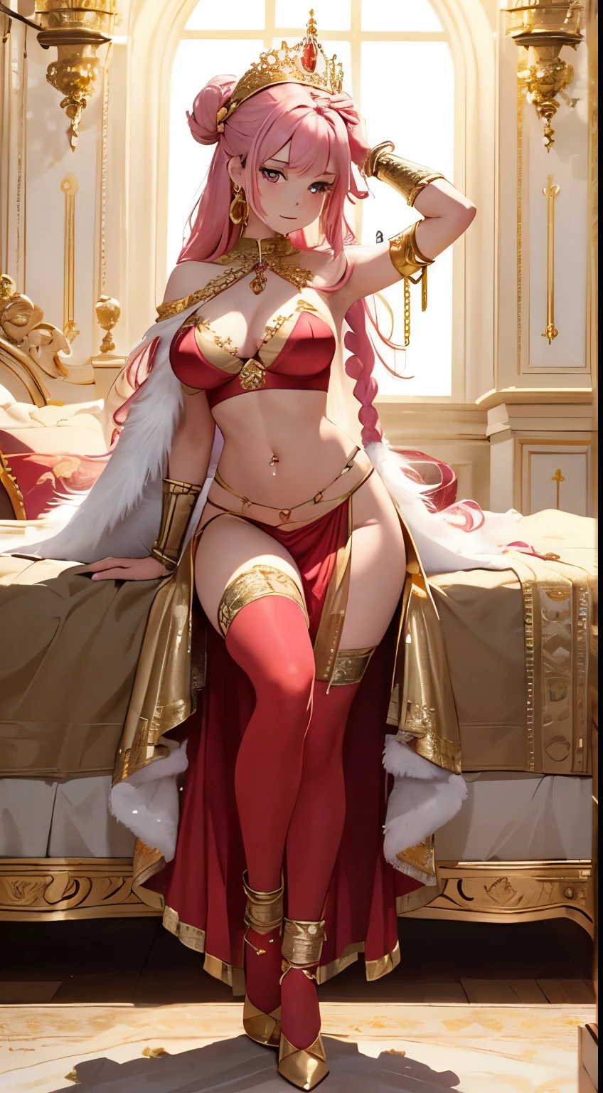 masterpiece, best quality, ultra-detailed, 1girl, solo, looking at viewer, (curvy:1.1), large breasts, pink hair, long hair, bangs, twin bun bun hair with braids, pink eyes, , (breasts apart:1.3), groin, (pasties:1.3), neck ring, armlet, bracelet, (thighlet:1.2), (transparent white cape golden fur line:1.2), (crown hair ornament:1.1), navel piercing, (chain:1.1), (gold:1.3), (gold trim:1.2), standing, arm up, full body, anklet, on bed, red outfit, red bra, red transparent break long skirt, net stockings, full body, heels, goddes dress, aphrodite, all in red outfits, stand up, fur, golden fur, circle round braided hair, nordic ahoes