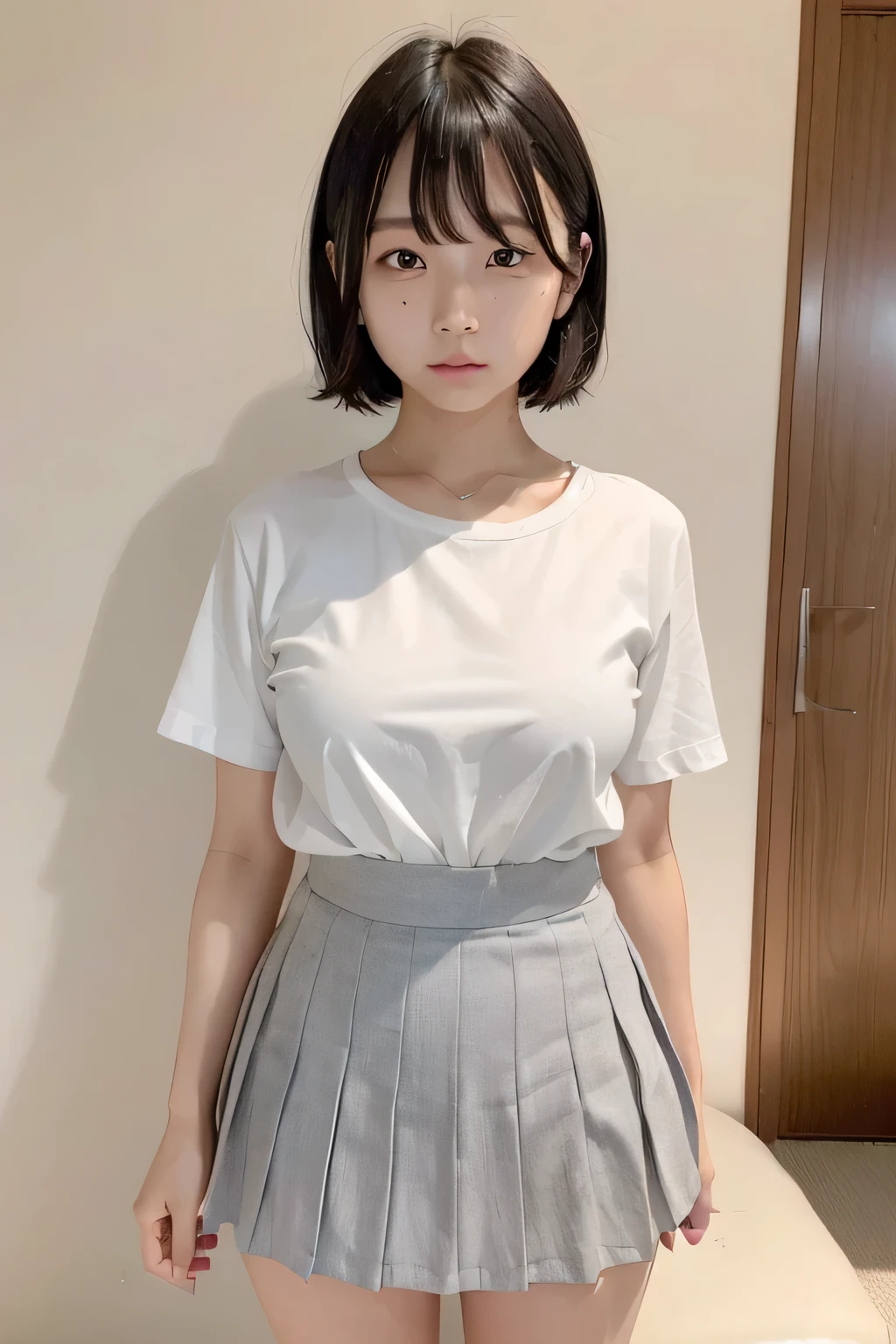 (narrow eyes:1.4), frontal shot , From the middle , (black eye), (japanese woman), 1 girl, (very small eyes:1.4), very beautiful 17 year old girl, beautiful breasts:1.5, (highly detailed eyes:1.2), (beautiful breasts:1.1), short hair, bangs, (thick legs, huge hips, thick thighs), perfect skin, Fair skin, (white teeth), tight waist, light blush, alone, looking at the viewer, look of despair, Are crying, shed tears, (white shirt), (gray pleated skirt)