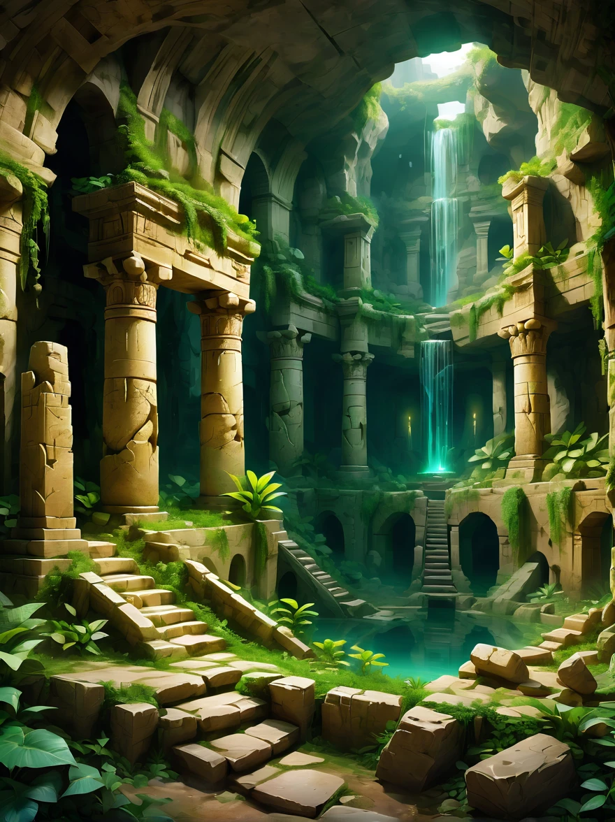 (((超广角)))，(((远景)))，Create an image of a large ancient underground archaeological site, located deep within the Earth. This site should be a massive underground world filled with awe-inspiring and spectacular structures. It should feature angel statues, marble columns, and cave walls, evoking a sense of wonder and reverence. The scene should be a grand underground world brimming with ruins and mysterious passages. Green plants and vegetation are overtaking parts of the site, indicating its age and blending the man-made structures with natural elements. The lighting should be ethereal, highlighting the majesty and mystery of this hidden world.