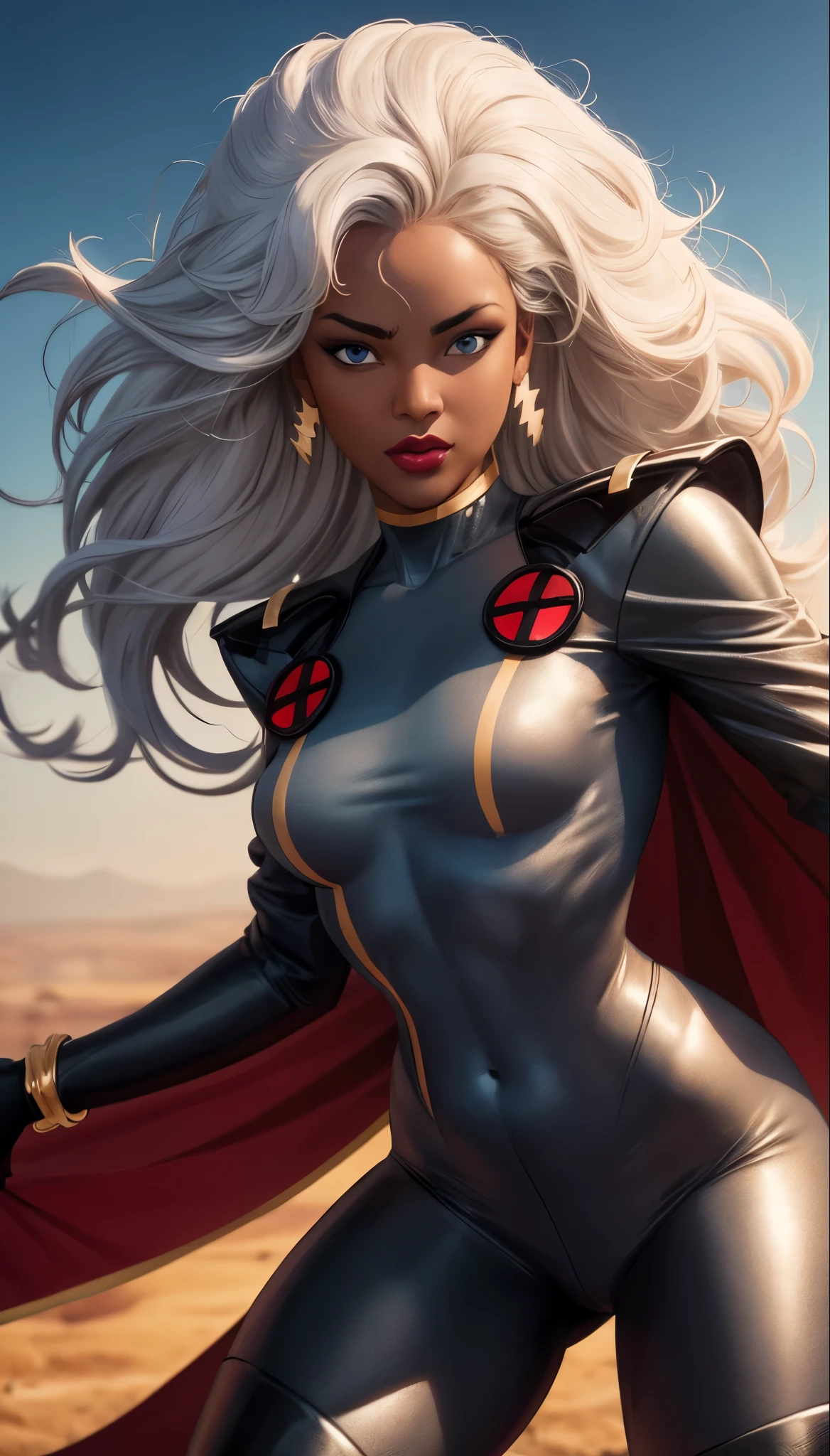 CARTOON_X_MENs_Storm,ownwaifu,
long hair,white hair,dark skin,dark-skinned female,breasts,lips,blue eyes,very dark skin,medium breasts,lipstick,floating hair,very long hair,makeup,big hair,curly hair,red lips,eyelashes,toned,
jewelry,earrings,cape,bracelet,bodysuit,gloves,superhero,choker,
 official art,extremely detailed CG unity 8k wallpaper, perfect lighting,Colorful, Bright_Front_face_Lighting,shiny skin, (masterpiece:1.0),(best_quality:1.0), ultra high res,4K,ultra-detailed, photography, 8K, HDR, highres, (absurdres:1.2), Kodak portra 400, film grain, blurry background, (bokeh:1.2), lens flare, (vibrant_color:1.2),professional photograph, (beautiful_face:1.5),