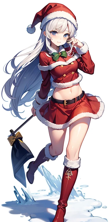 secondary elements、1 person, Santa Costumes、skirt、、with a girl、Navel exposed、snowy、whole body、Are standing、Knee-high boots、Viewer-facing、cute face, (big breasts:0.5)、shiny skin