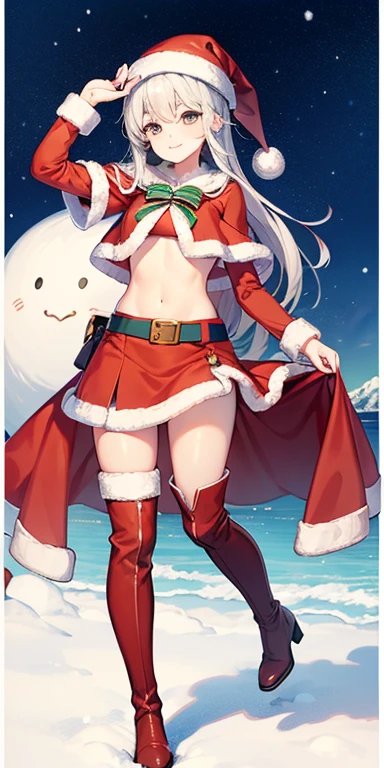 secondary elements、1 person, Santa Costumes、skirt、17 years old、with a girl、Navel exposed、snowy、whole body、Are standing、Knee-high boots、Viewer-facing、cute face, (big breasts:0.5)、shiny skin
