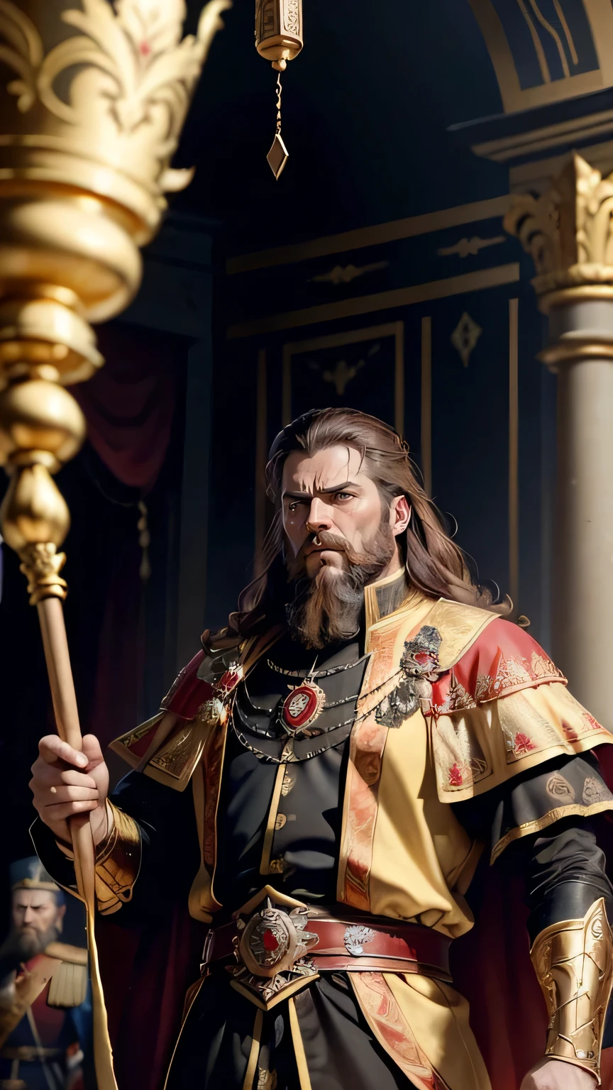 masterpiece, 45 years old, angry, rage, (The emperor swings a golden rod at the princess..), Medium-length brunette, mustache, amazing, hemorrhage, wearing the emperor's clothes, Palace, 16th century Russia ,
