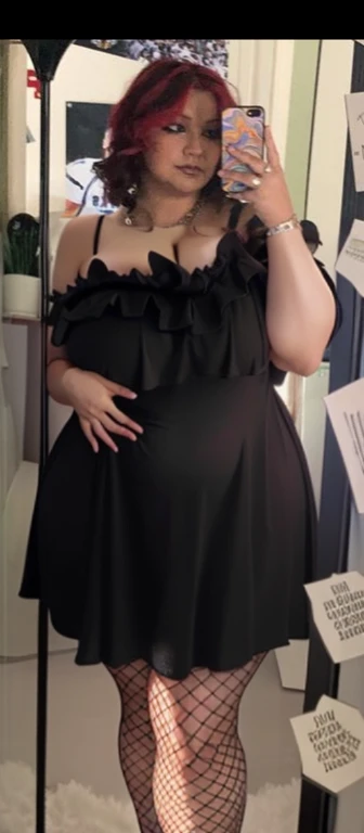 there is a woman that is taking a picture in the mirror, she is wearing a black dress, full body picture, taken in the early 2020s, cute black dress, zoomed out full body, wearing a black dress, she has a jiggly fat round belly, taken in the late 2000s, Big tits, huge tits, no clothes, sexy, cute, wide hips, thick thighs, pear-shaped body, minimal clothes, thick, bbw, chubby stomach, thick nipples, nipple piercings, large areola, hard nipples, piercing through shirt, nipples hard through shirt, busty, major cleavage, naked, ripping through top,  spilling over sides, bra too tight, giant tits, dominatrix, dominatrix clothes, fat stomach, fat belly showing, grabbing sexy jiggly fat round belly