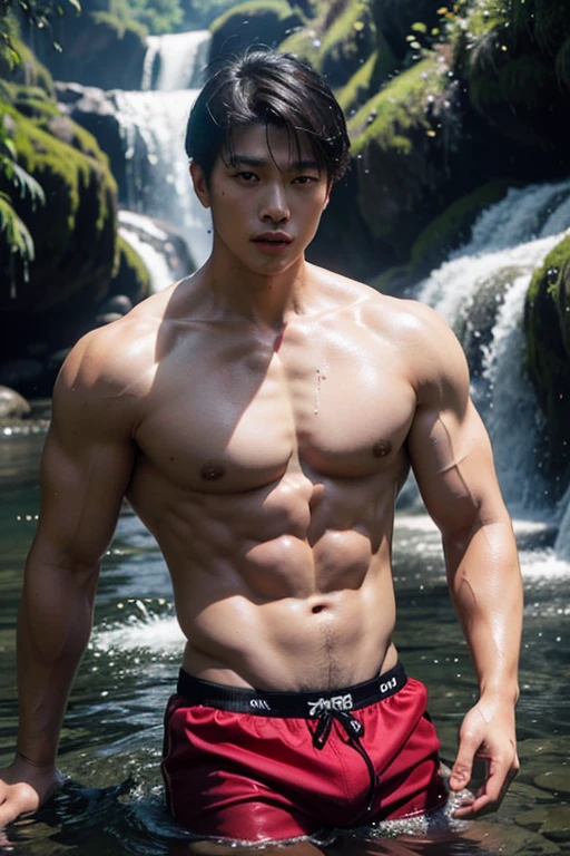 Create a realistic image of an Asian man with a sharp face, tan skin, big muscles, shirtless, wearing boxers, close to the skin, playing in the water, waterfall in the forest, clear picture.
