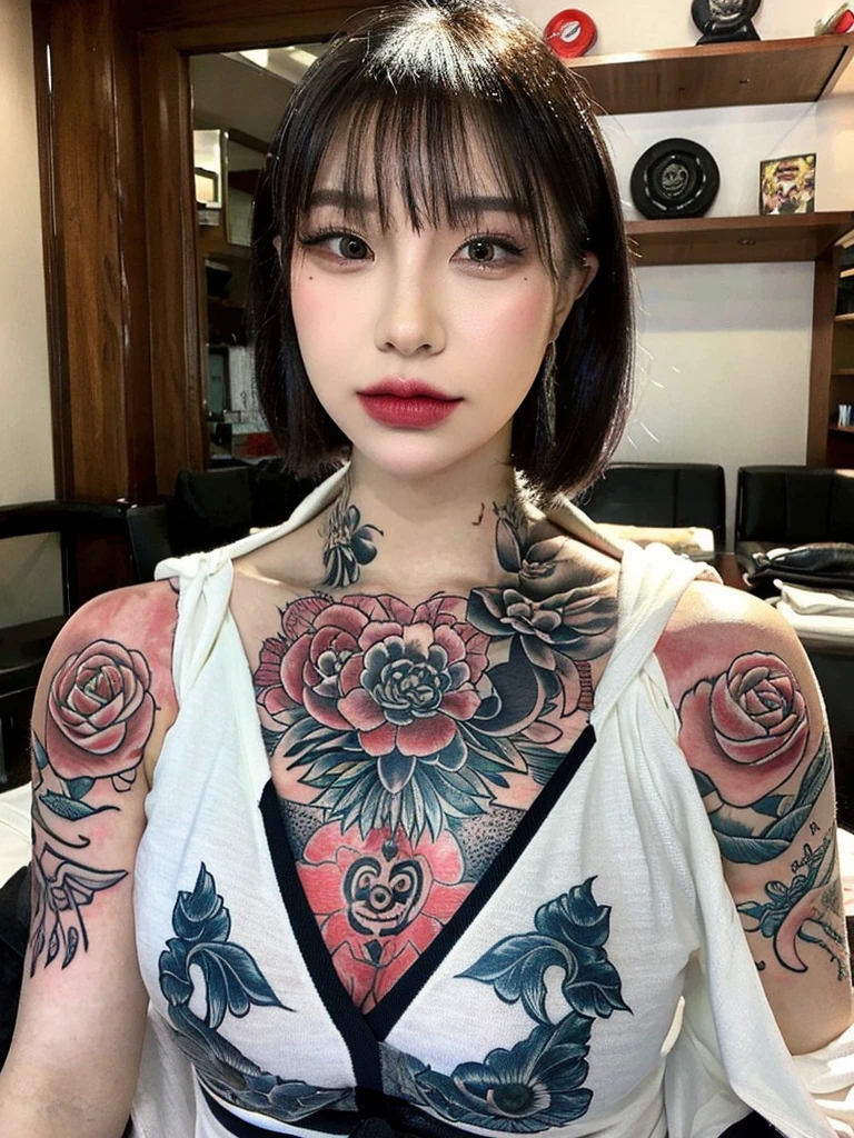 This Photo Consists Of 2 Women, Beautiful, Cutes, Baby Face, 15 Years Old, White Skin, Cleavage, Large Breast, Large Chests, White Off Shoulder Japanese Kimono, Lace Kimono, Embroidery Kimono, Muscles, Athletic, Girly, Japanese Vintage Village Background, Long Ponytails, Gradient Coloured Hair with Bangs, Sexy Look, Masterpiece, Adorable, Posing Because She knows She Will be Photographed, Beautiful Large Eye, Dramatic Vintage Lighting, ((Yakuza Tattoo)), ((Tattooed:1.3)), standing, full body,
